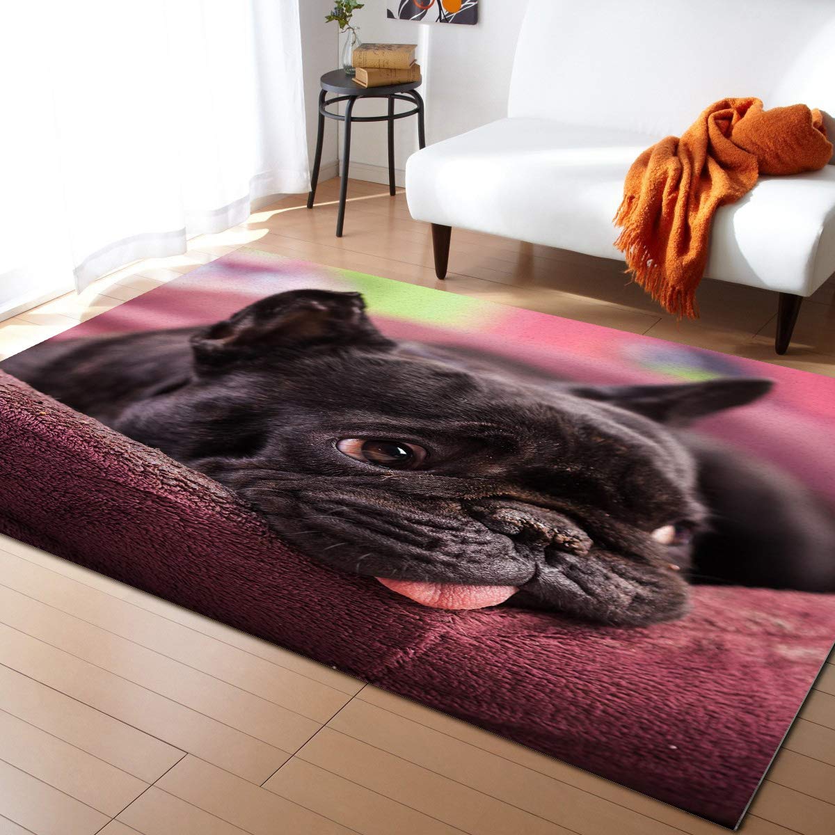 5'x8' Washable Bulldog Spit Tongue Area Rug - Non-Slip Indoor Outdoor Carpet for Kitchen, Living Room, Bathroom, Bedroom, Classroom & Laundry Room | Cute Animal Doormat & Welcome Mat for Home & Office Decor