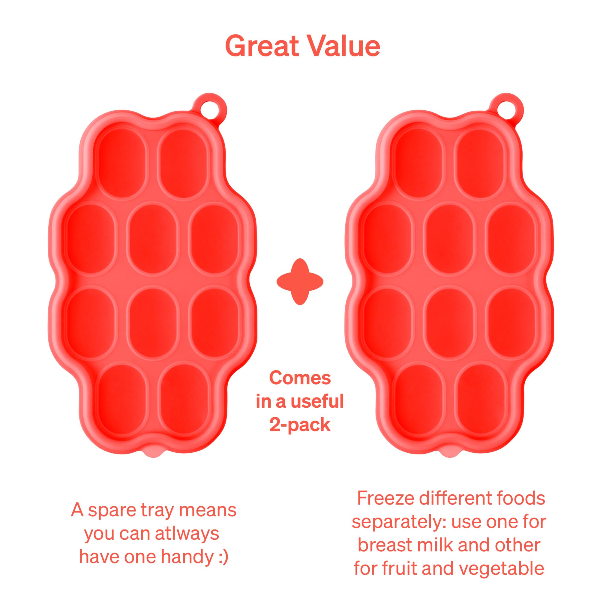 LoveNoobs™ 2-Pack Silicone Baby Food Freezer Tray - 10 Cup Popsicle Mold & Feeder for Homemade Baby Food, Breastmilk Storage - BPA-Free, Dishwasher Safe - Perfect for Baby-Led Weaning & Healthy Snacks (Red)