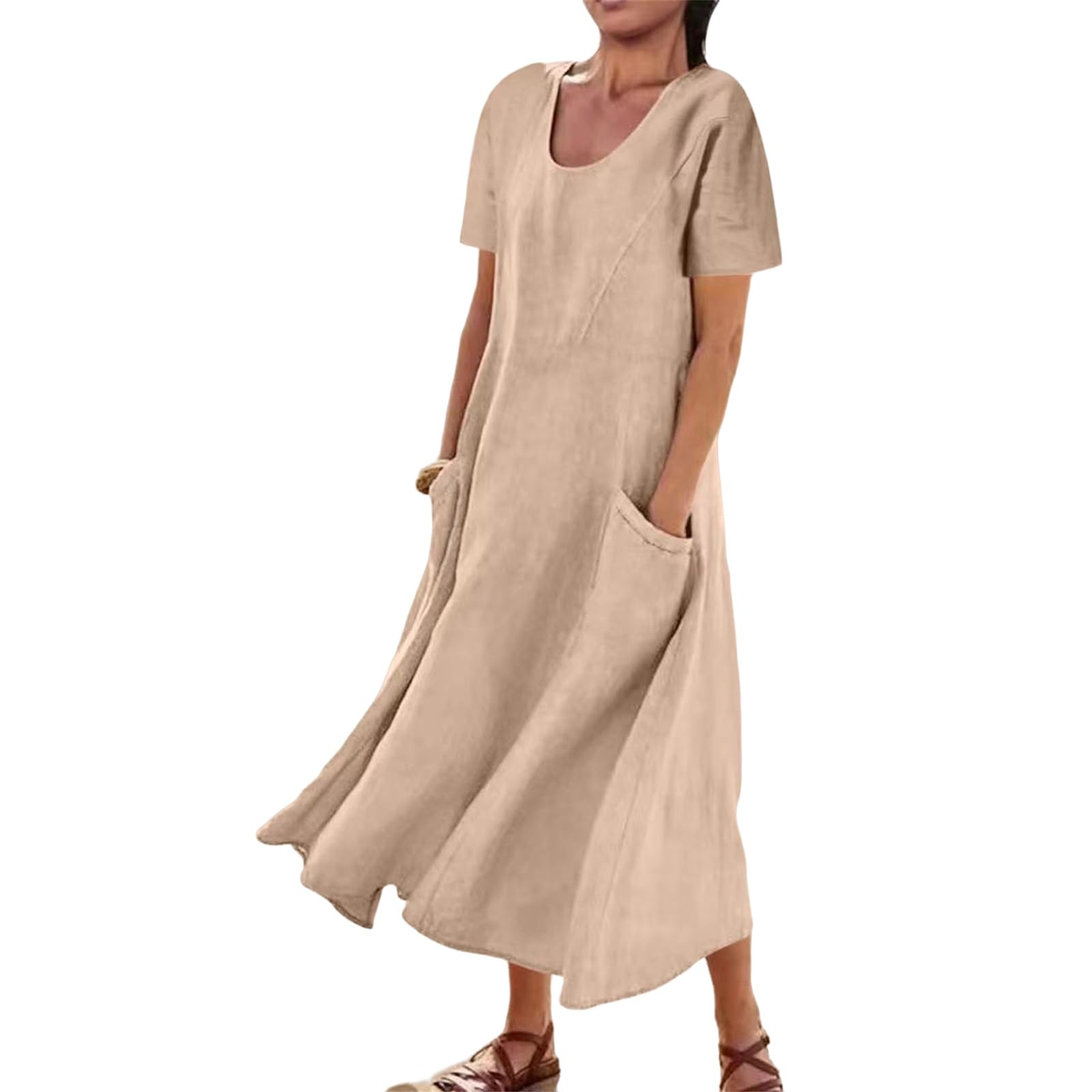**Women's Casual Midi Dresses with Pockets - Round Neck Short Sleeve T-Shirt Maxi Dress for Vacation, Beach, and Everyday Wear**