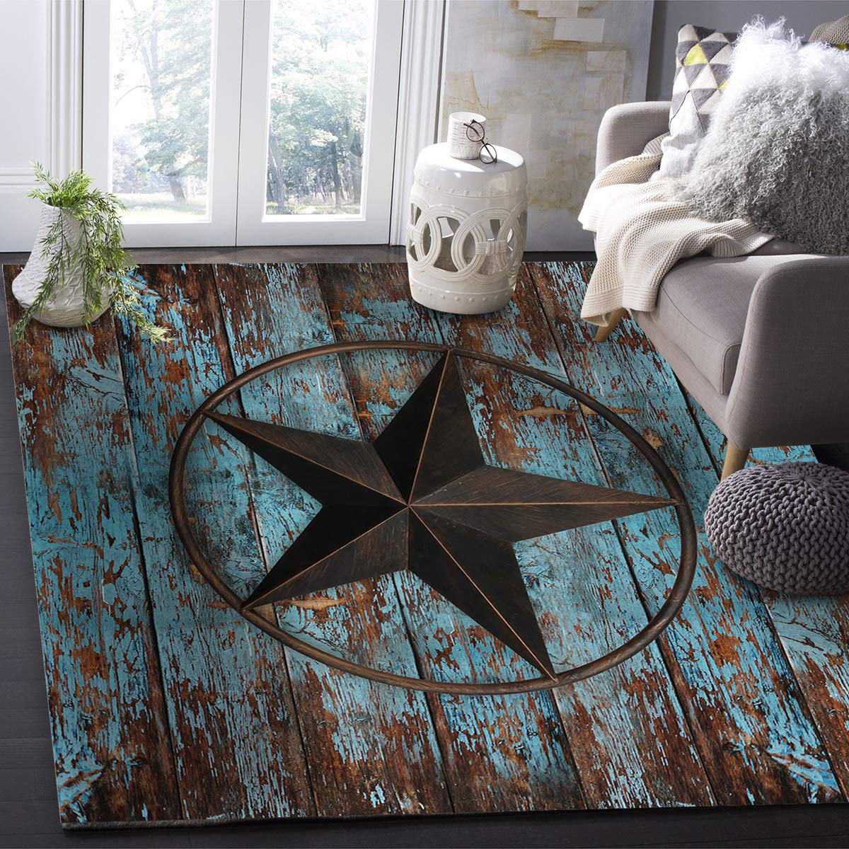 4' x 6' Large Area Rugs - Soft Throw Carpet for Nursery, Kids Room & Living Room | Western Star Wooden Rustic Distressed Country Design | Non-Slip Floor Cover for Bedroom, Kitchen & High Traffic Areas | Easy to Clean Modern Home Decor Rug