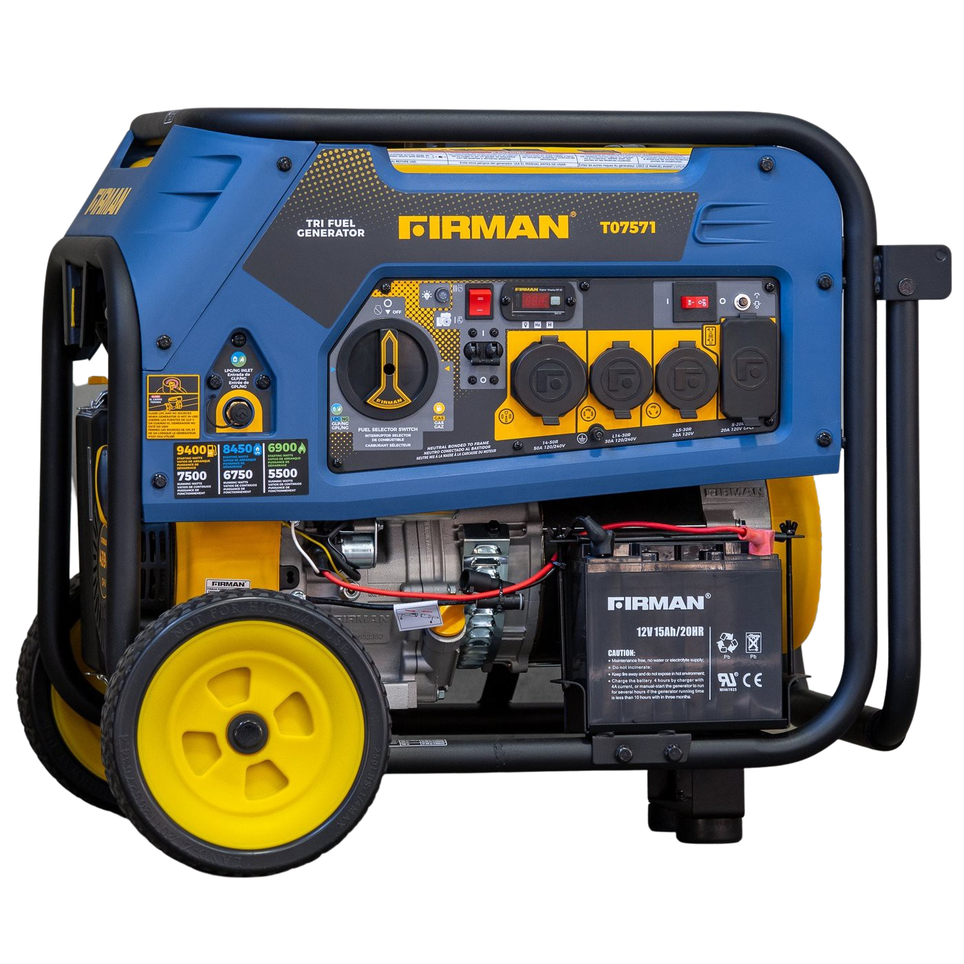 Firman T07571F 7500W/9400W Tri-Fuel Portable Generator with Electric Start - Runs on Gas, Propane & Natural Gas - Ideal for Home Backup Power, Camping & Emergency Use
