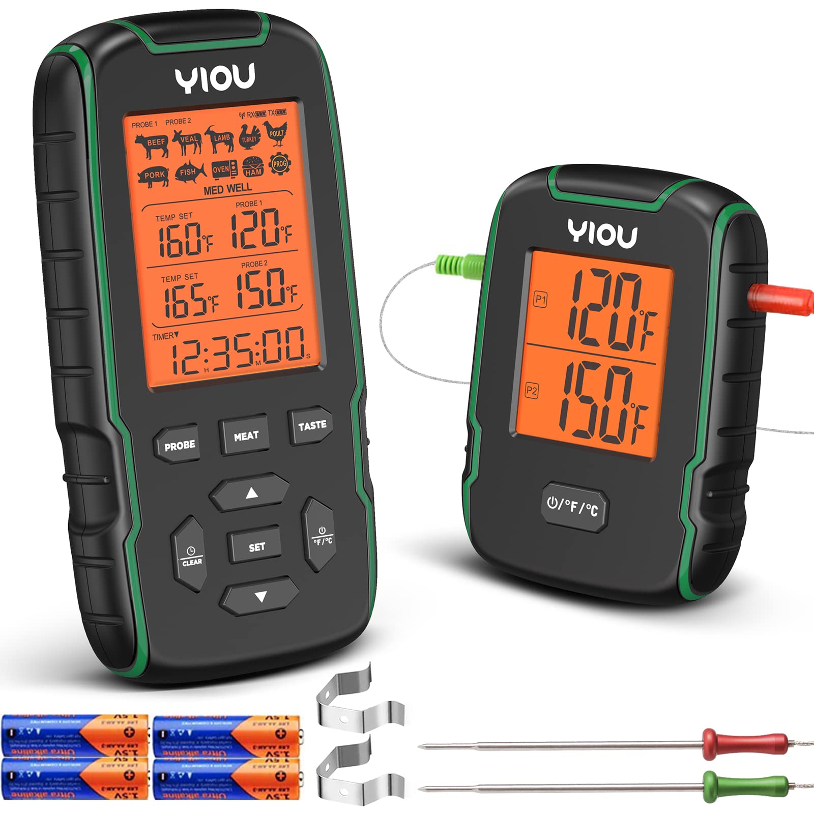YIOU Wireless Digital Meat Thermometer with 2 Probes - 500FT Long Range, Ultra Accurate & Fast Cooking Thermometer for Oven, Grill, Smoker - Perfect for BBQ, Roasting, Baking & Sous Vide Cooking