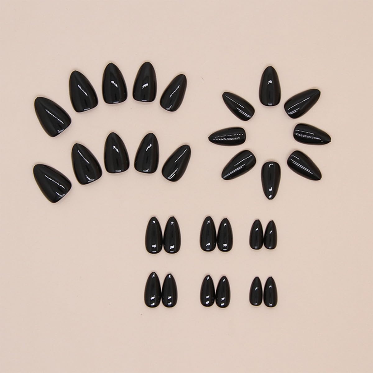 24 Pcs Short Almond Press on Nails - Black Acrylic Fake Nails with Glossy Designs, Full Cover Stick on Nails for Women | Perfect for Manicure, Parties, Weddings & Daily Wear