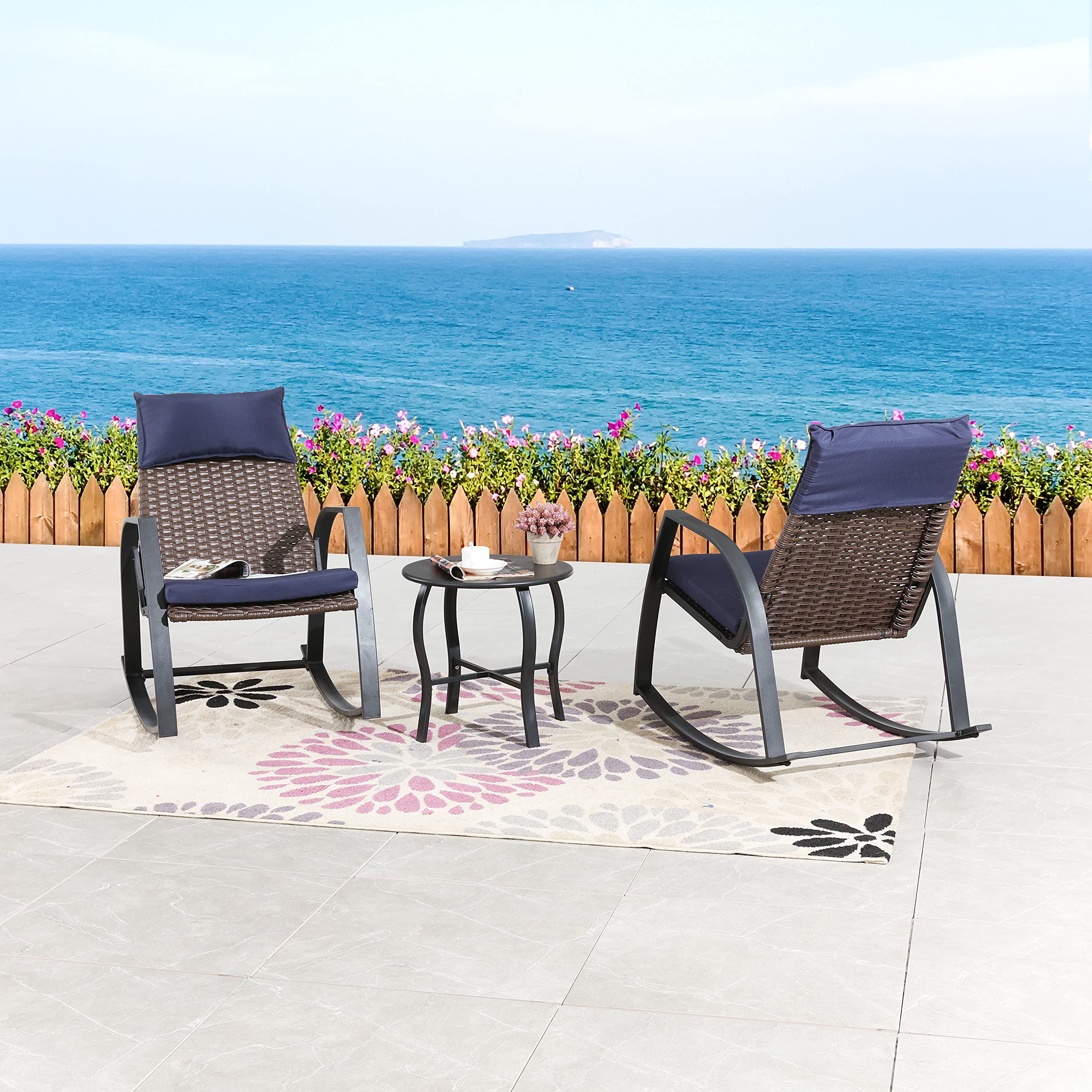 LOKATSE HOME 3-Piece Outdoor Bistro Set - Patio Wicker Furniture with Cushioned Rattan Rocking Chairs & Coffee Table in Blue - Perfect for Garden, Balcony, and Backyard Relaxation