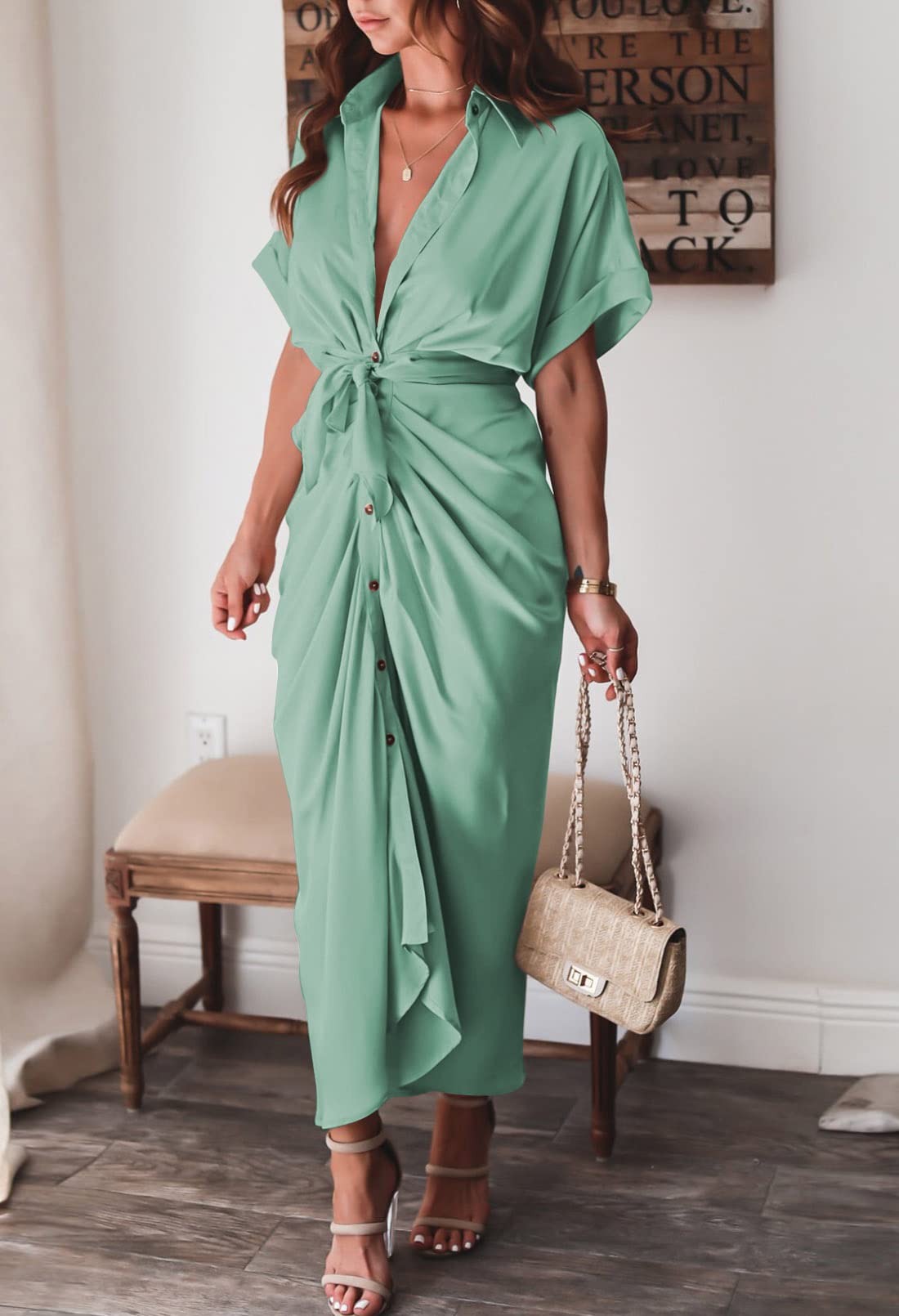 Elegant Women's Satin Button Down Short Sleeve Maxi Shirt Dress with Belt - Perfect for Summer Outfits, Beach Cover Ups & Casual Office Wear