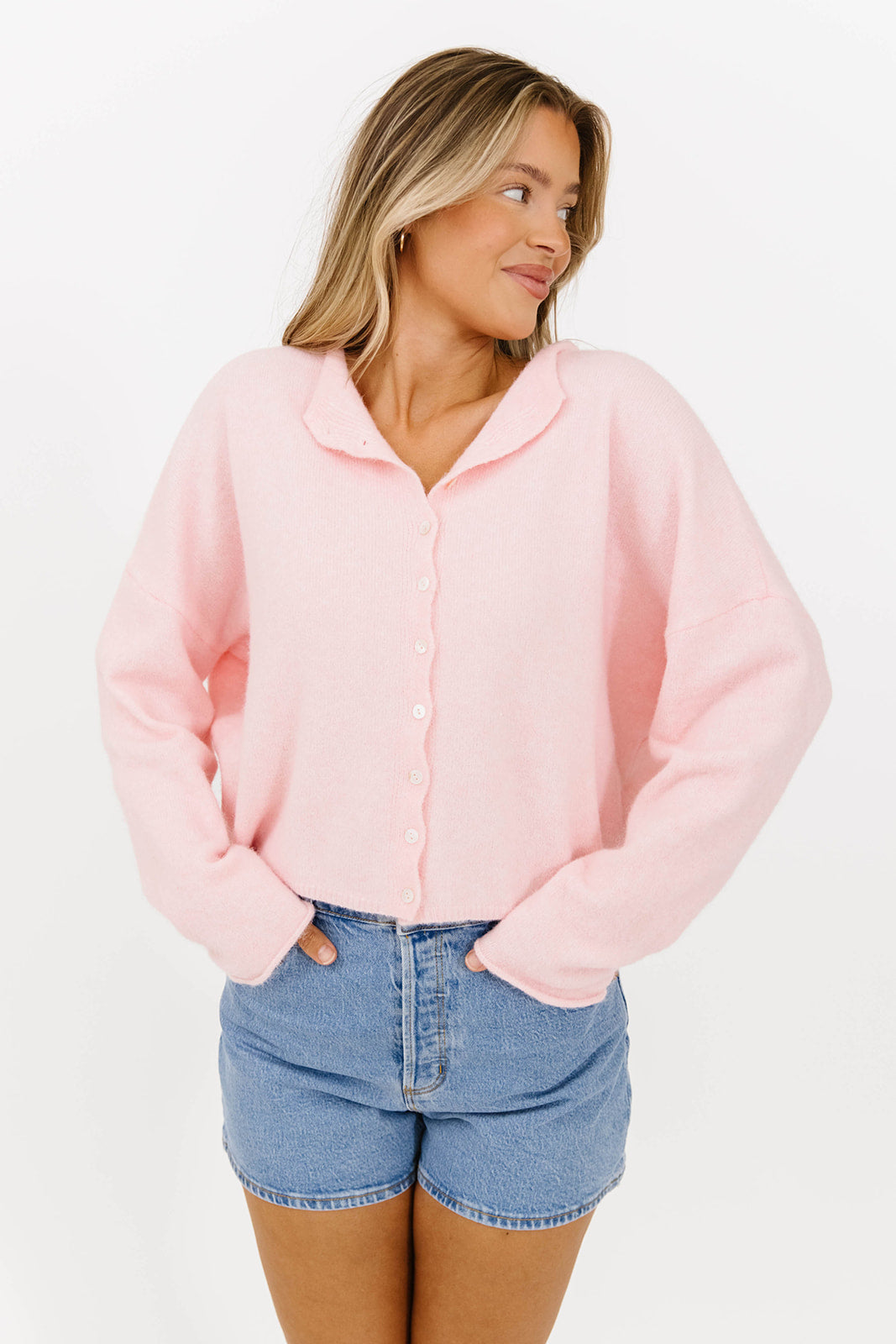 Soft Baby Pink Piper Cardigan for Women - Cozy Knit Sweater Perfect for Fall & Winter Outfits