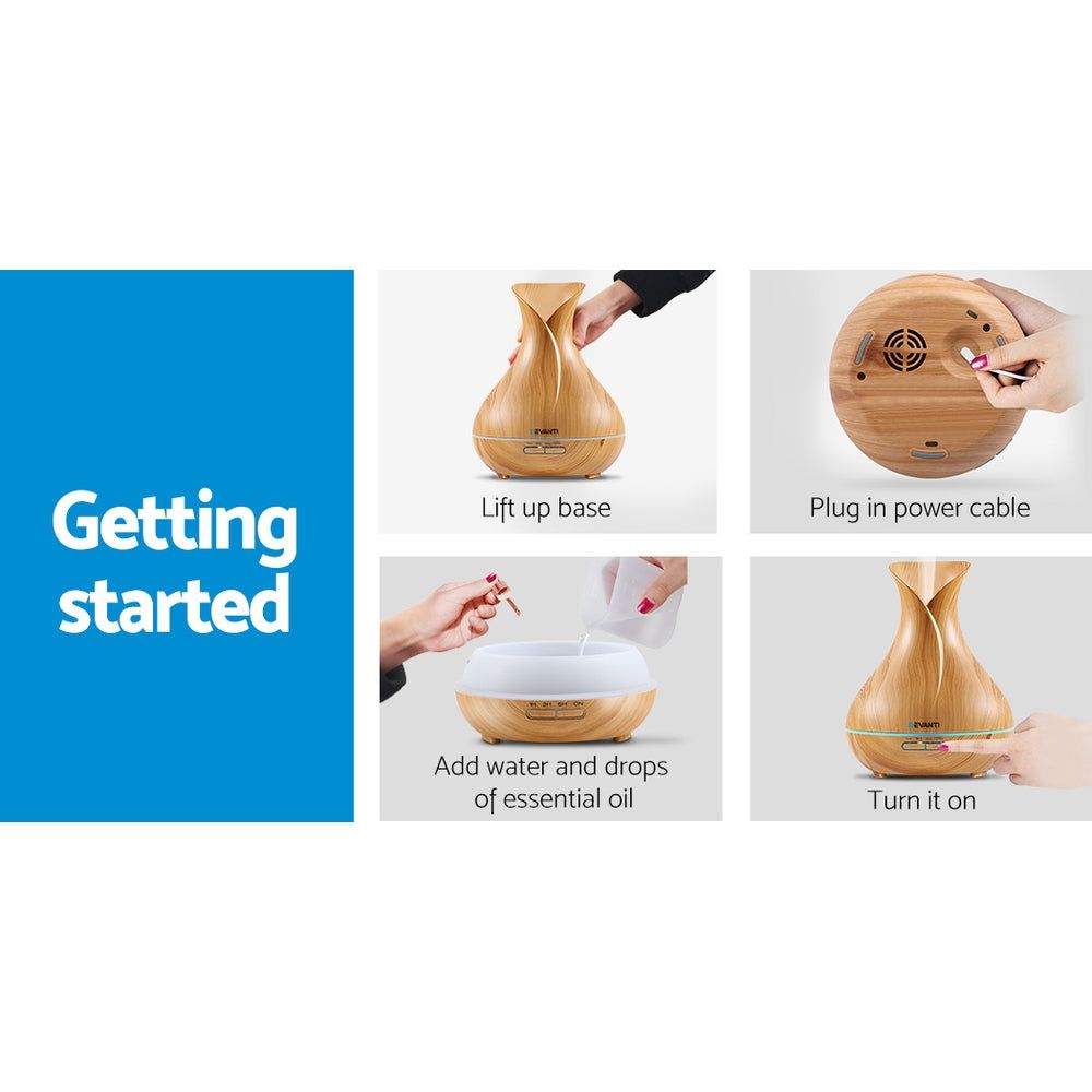 Devanti 400ml 4-in-1 Aroma Essential Oil Diffuser with Remote Control & Wood Grain Design - Perfect for Home, Office, Yoga, and Spa Relaxation