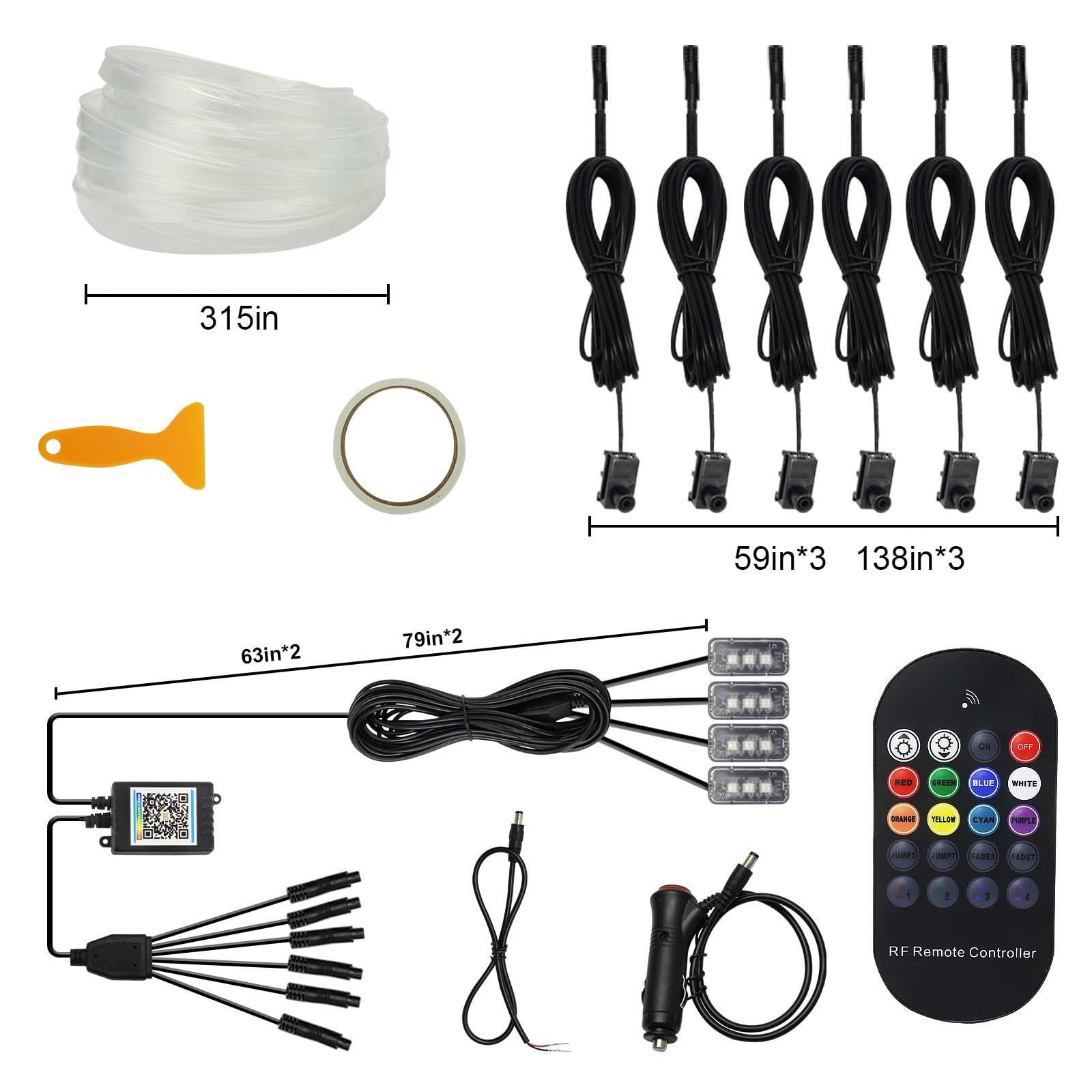 10-in-1 Multicolor RGB LED Car Interior Lighting Kit with 315in Fiber Optic, APP & Music Sync Control - DIY Ambient Neon Strip Lights for Cars, Trucks & SUVs | Perfect for Night Driving, Car Shows & Custom Vehicle Lighting
