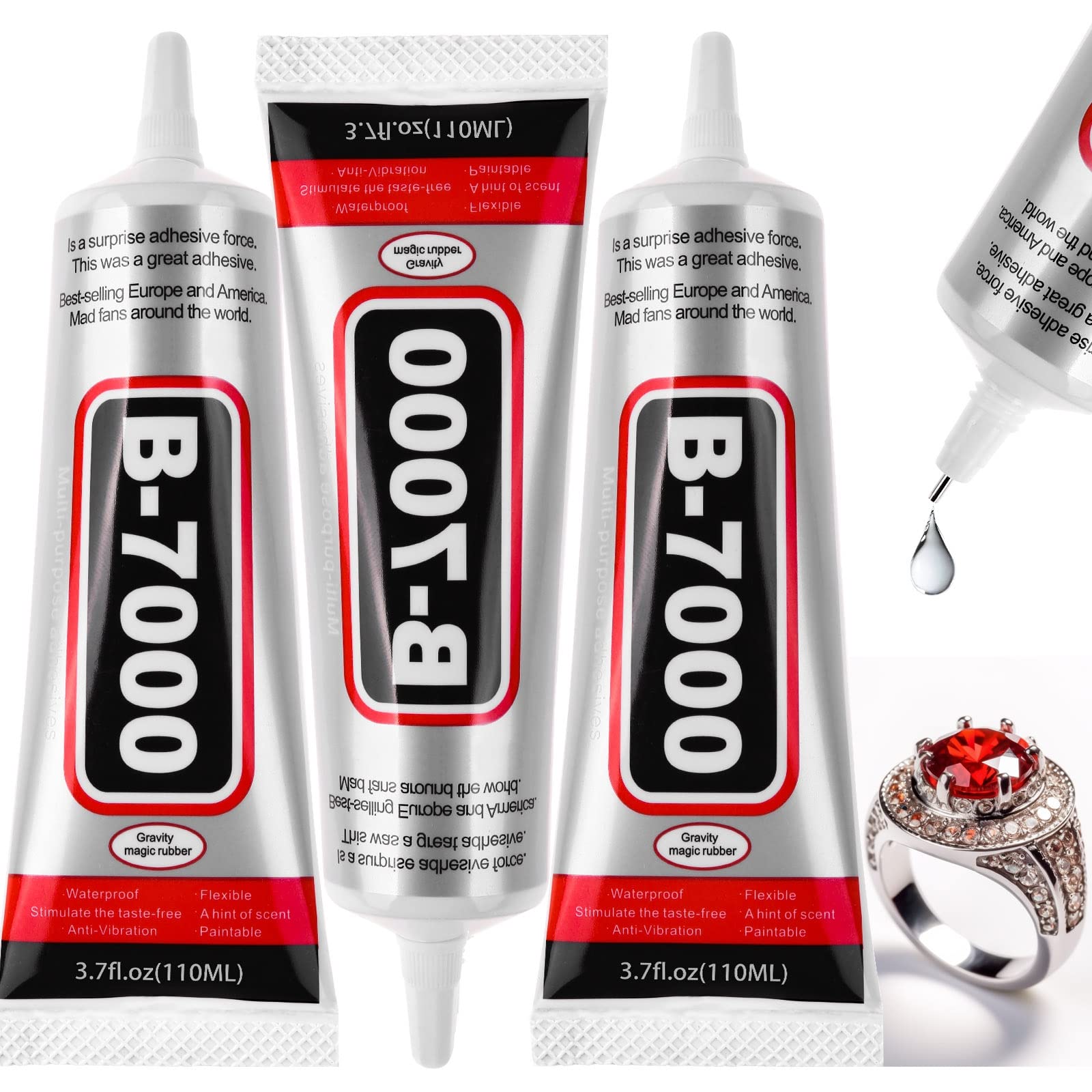 3 PCS 110ML B-7000 Clear Glue for Rhinestones & DIY Crafts - Multipurpose Super Strong Adhesive for Fabric, Gemstones, Beads, Metal & Jewelry Making - Perfect for Nail Art, Home Decor & Industrial Bonding Projects