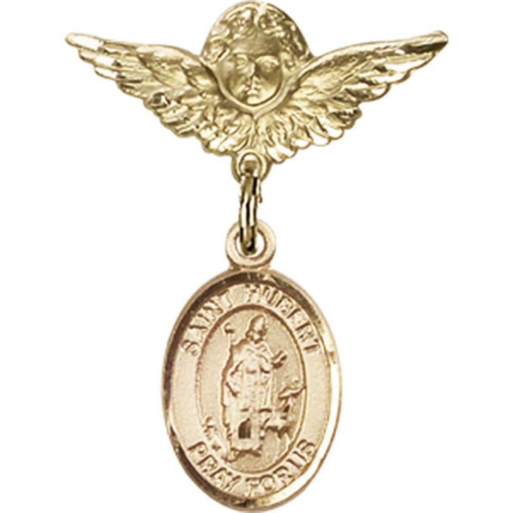 St. Hubert of Liege Gold Filled Baby Badge Pin with Angel Wing Charm - 1 x 3/4 Inch - Perfect for Christening Gifts, Baby Showers & Religious Keepsakes