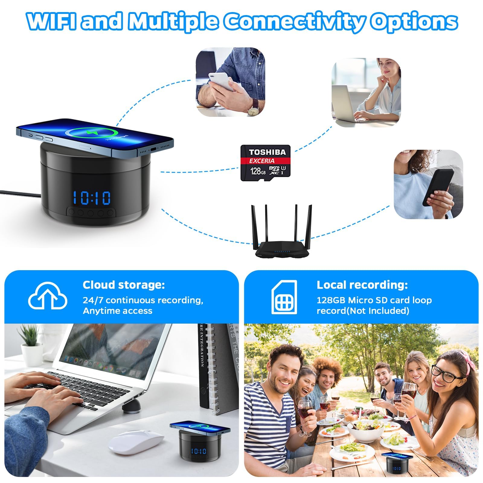 1080P HD Indoor Security Camera with Clock & Wireless Charging | WiFi Home Surveillance Camera with Motion Detection, Night Vision, Local/Cloud Storage | Perfect for Baby Monitoring, Pet Watching & Home Security