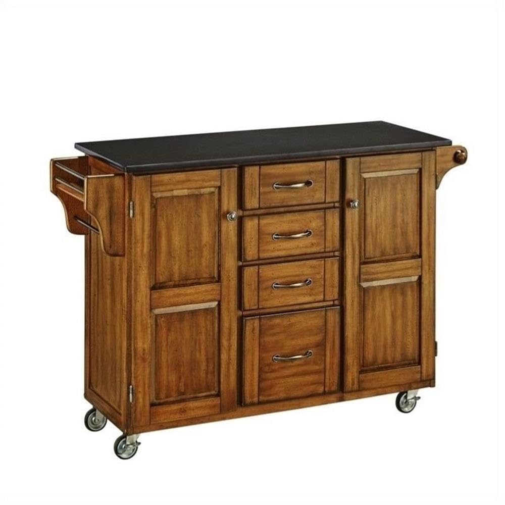 **BOWERY HILL Black Granite Top Kitchen Cart with Cottage Oak Wood Frame - Perfect for Small Spaces, Kitchen Storage & Serving Buffet**