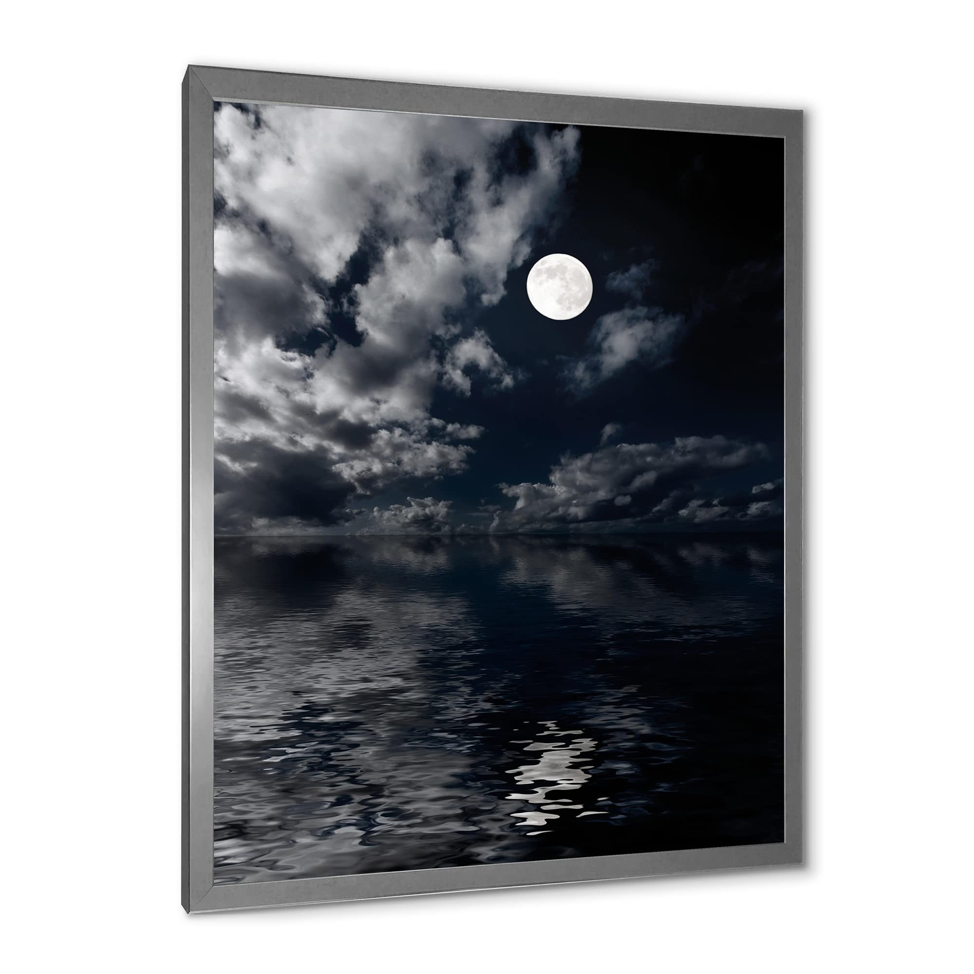 Full Moon in Cloudy Night Sky IV - Nautical Coastal Framed Wall Art Print for Beach House Decor, Ocean Themed Living Room & Bedroom Wall Decor