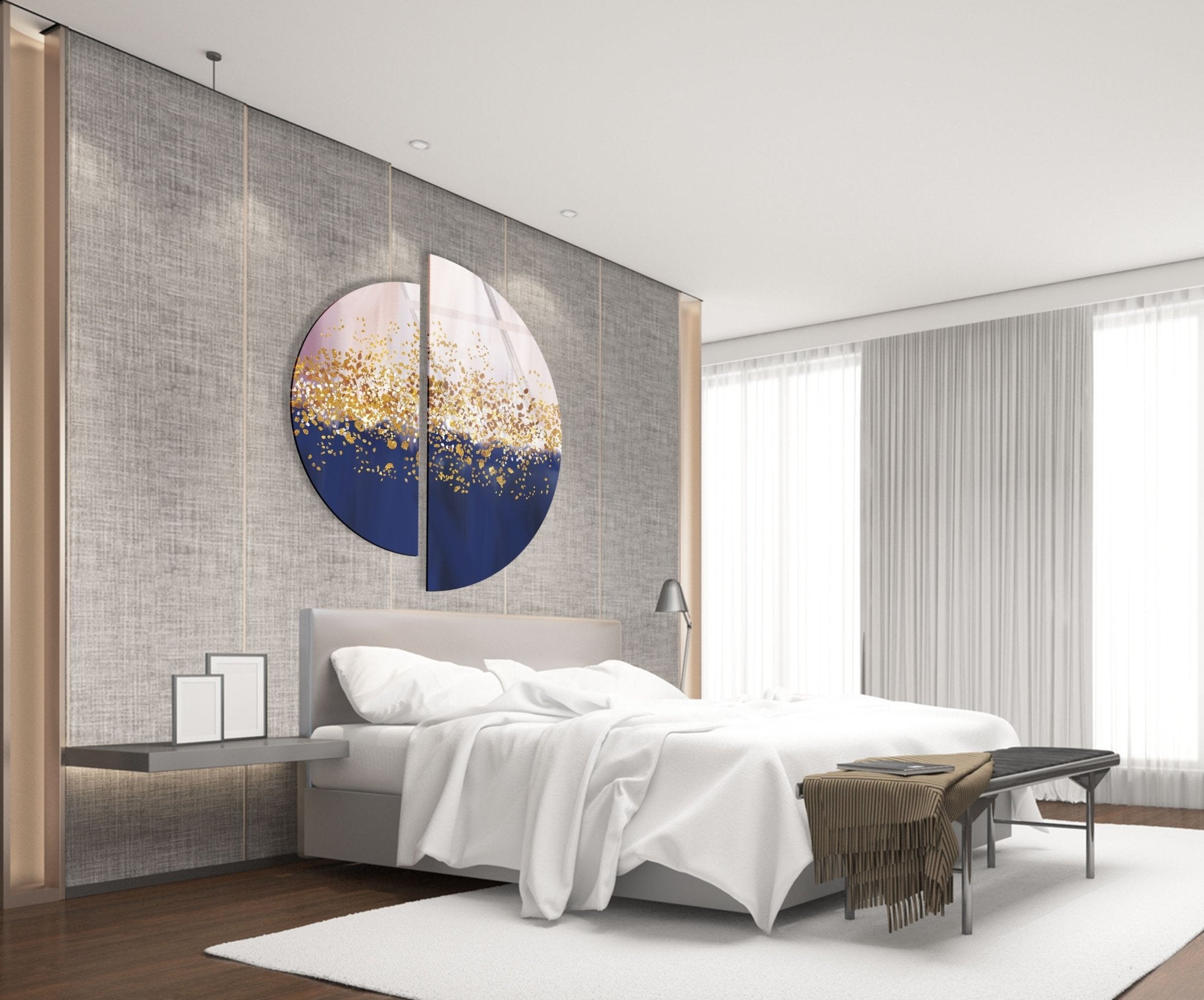 2 Piece Golden Abstract Glass Wall Art Set - Modern Home Decor for Living Room, Bedroom & Office - Elegant Handmade Glass Panel Artwork for Stylish Interior Design