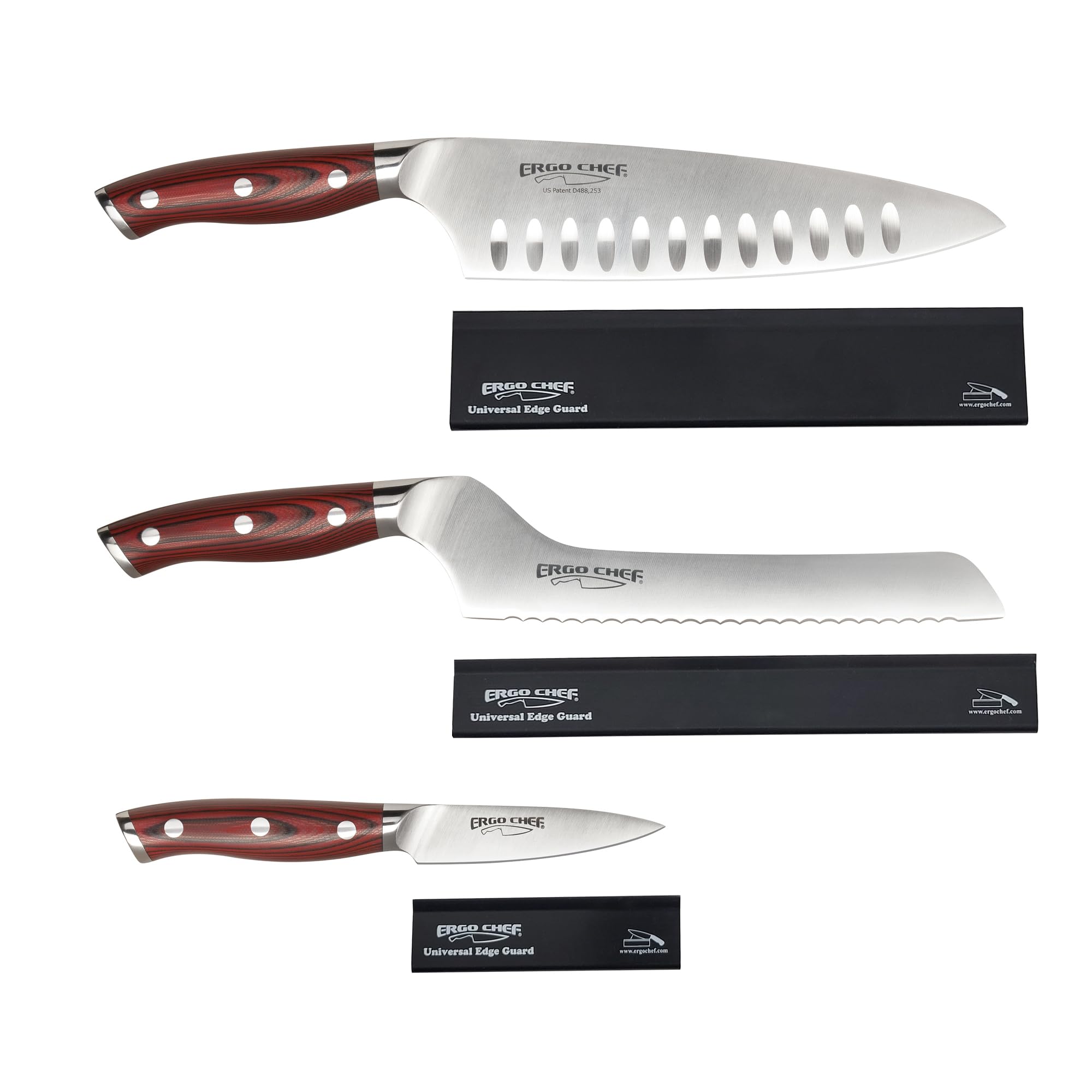 Ergo Chef Crimson Series 6-Piece Knife Set - 8-Inch Chef Knife, 8-Inch Bread Knife, 3.5-Inch Paring Knife with 3 Protective Blade Covers - Premium German Stainless Steel & Durable G10 Handle - Perfect for Professional Chefs & Home Cooking Enthusiasts