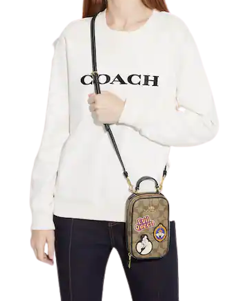 Coach Disney X Coach Eva Phone Crossbody Bag in Signature Canvas with Patches - Stylish Mini Purse for Women, Perfect for Everyday Use, Travel & Disney Theme Outfits