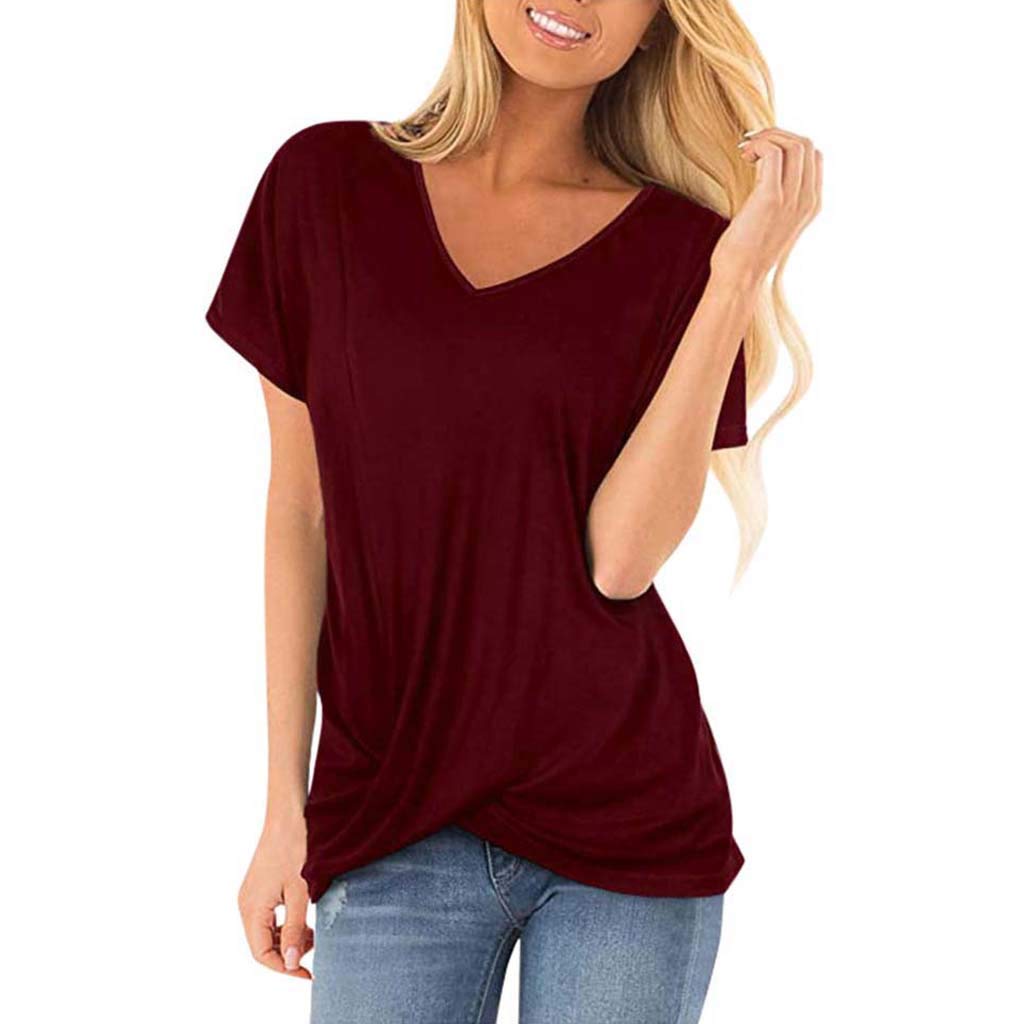 Women's Casual Twist Knot Tunic Tops - Summer Short Sleeve V-Neck Solid Color Basic Blouse Tees | Perfect for Beach Outings, Office Wear & Everyday Comfort