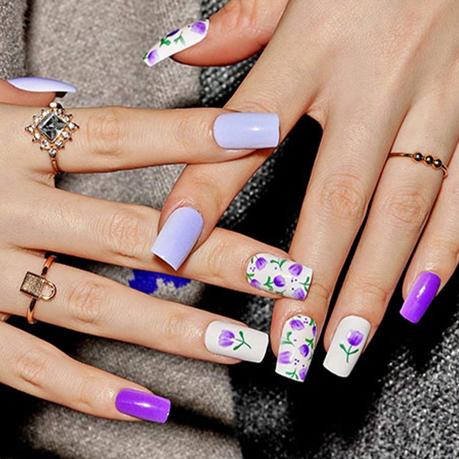 Glamermaid Purple Press on Nails - Medium Square Fake Nails with Spring Floral Blossom Design | Short Tulip Glue on Nails Kit for Women | Reusable Acrylic Stick on Nails with Glossy Gel Finish | Perfect for Parties, Weddings, and Everyday Wear