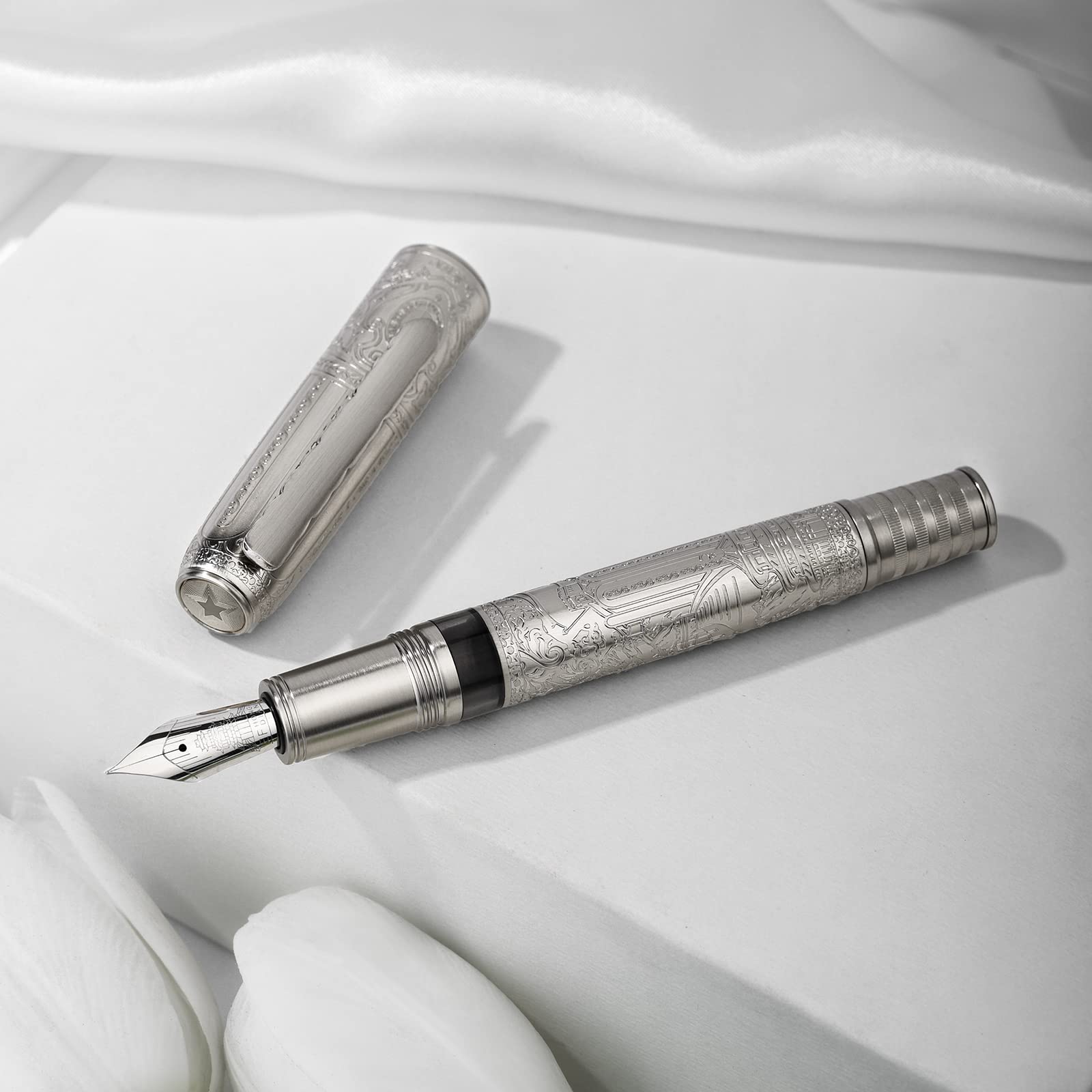 Hongdian 100 Silver Steel Fountain Pen with Iridium Extra Fine Nib - Smooth Writing Calligraphy Pen for Men & Women - Perfect for Journaling, Note Taking, and Gift Giving