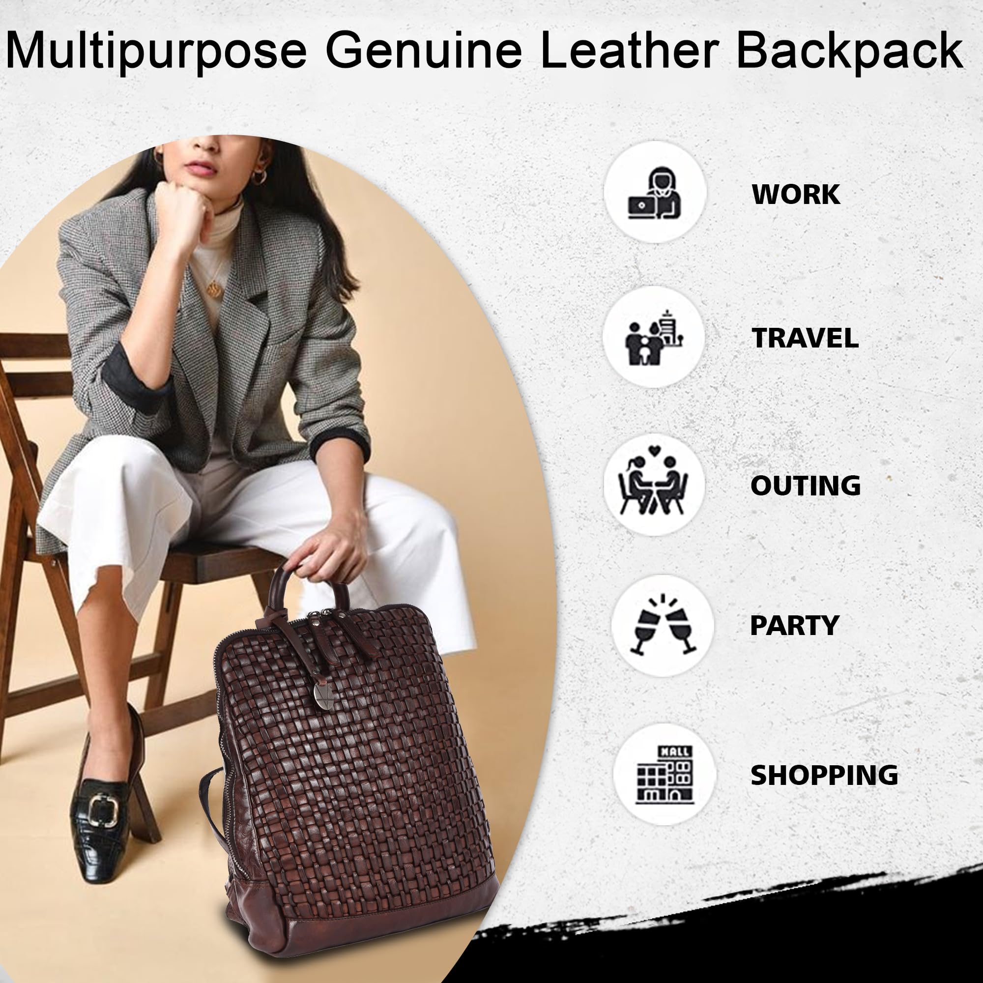 12.5 Inch Genuine Leather Backpack for Women & Men - Adjustable Shoulder Straps, Durable Brown Leather Laptop Backpack - Perfect for Work, Travel & School