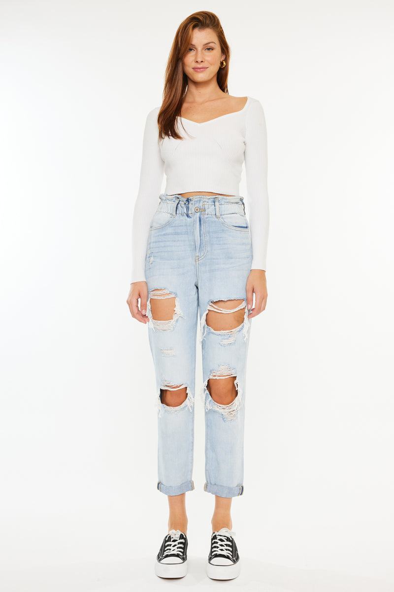 Darel Ultra High Rise Paperbag Mom Jeans for Women - Vintage Retro Stretch Denim Pants with Elastic Waistband | Perfect for Casual Outfits, Streetwear & Everyday Wear