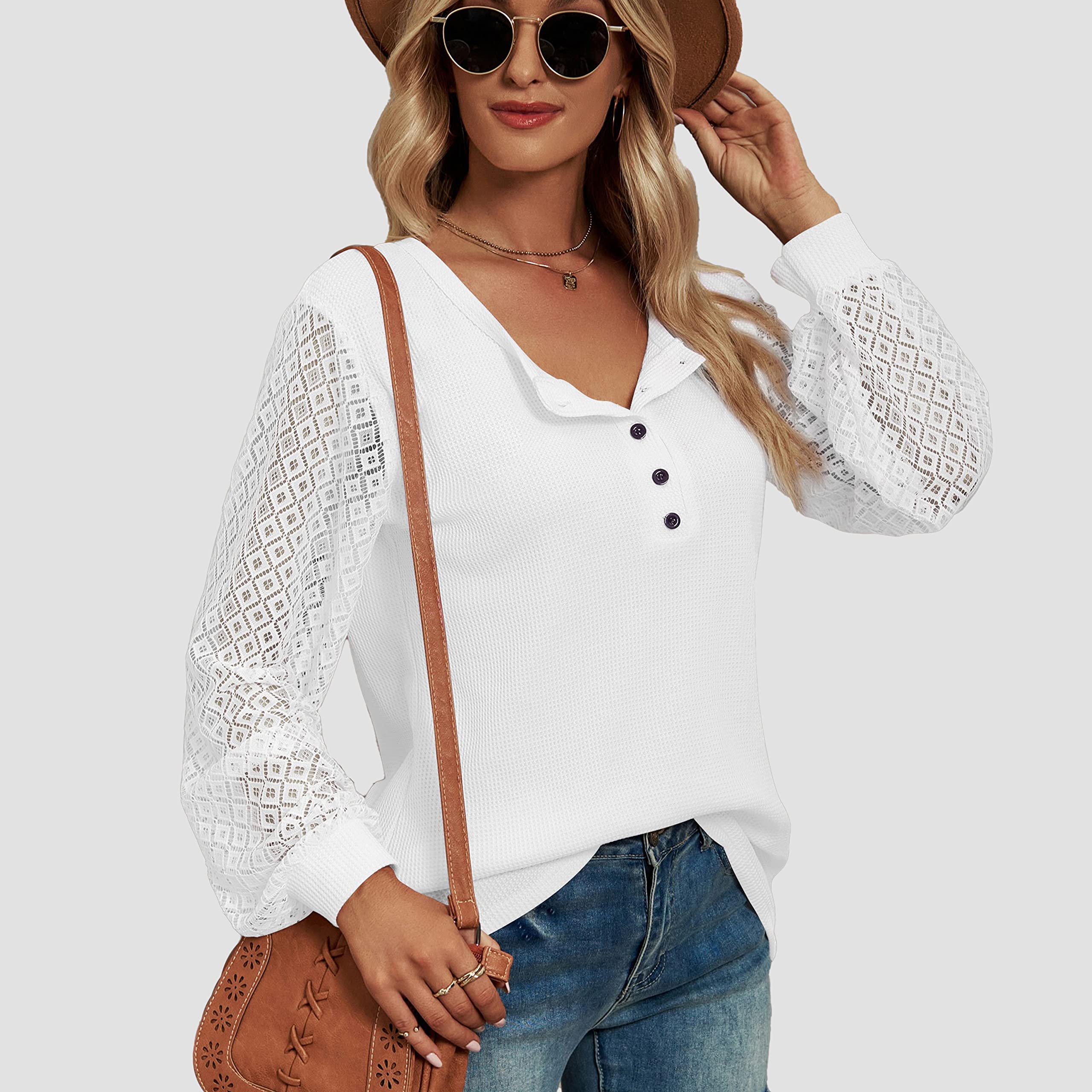 Famulily Women's Long Sleeve Lace Shirt - Waffle Knit Casual Button Up V-Neck Henley Top | Perfect for Work, Date Night & Everyday Wear