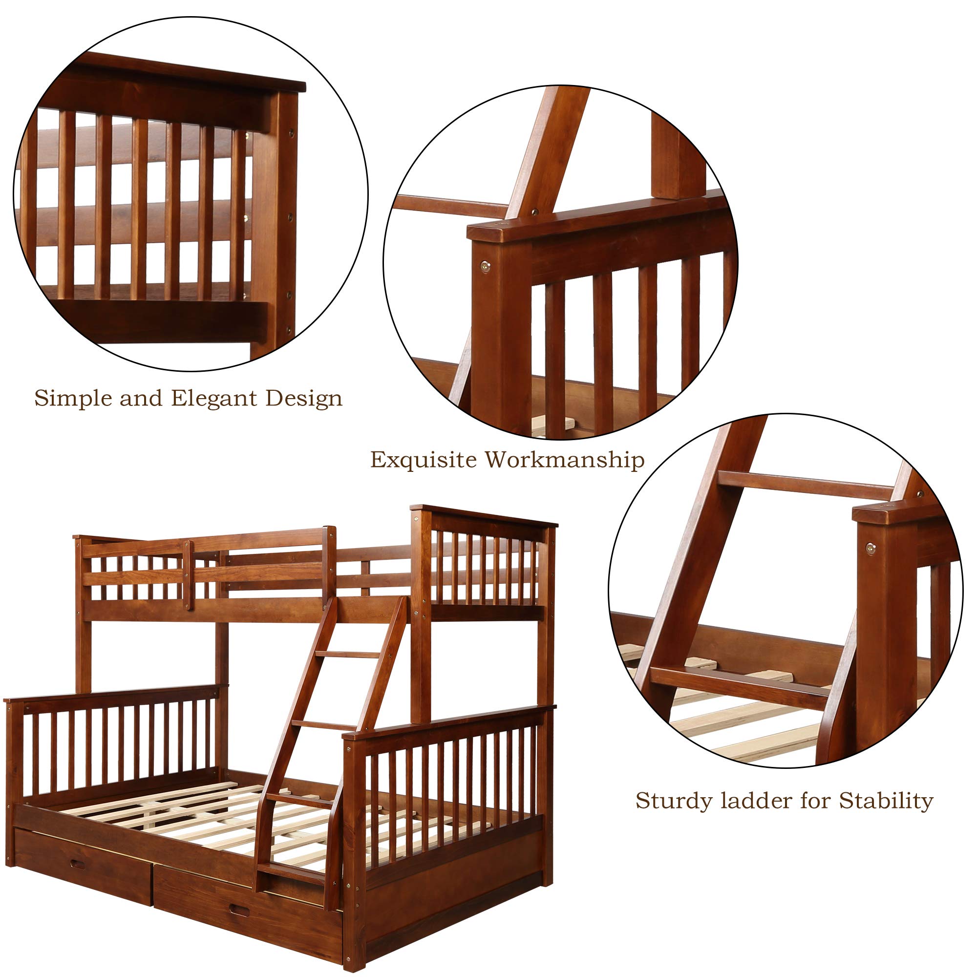 Harper & Bright Designs Twin Over Full Bunk Bed with Storage Drawers - Solid Wood Bunk Bed Frame with Ladder - Space Saving Kids Bedroom Furniture in Walnut Finish - Perfect for Small Rooms, Shared Kids Bedrooms & Guest Rooms