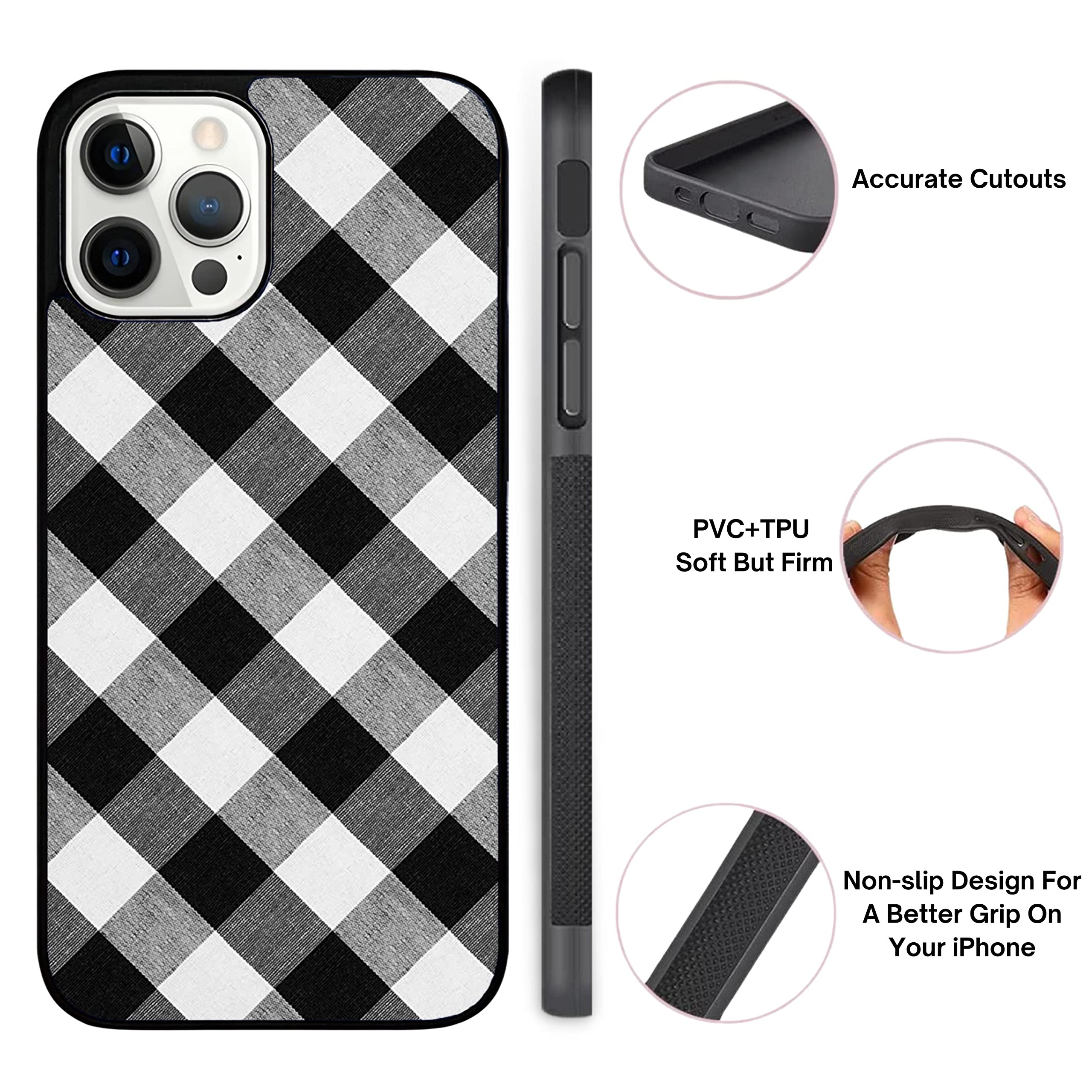 Black and White Gingham Buffalo Plaid Checkered iPhone 13 Pro Max Case | Durable Non-Slip TPU Rubber Shockproof Slim Cover | Perfect for Everyday Protection & Stylish Outfits