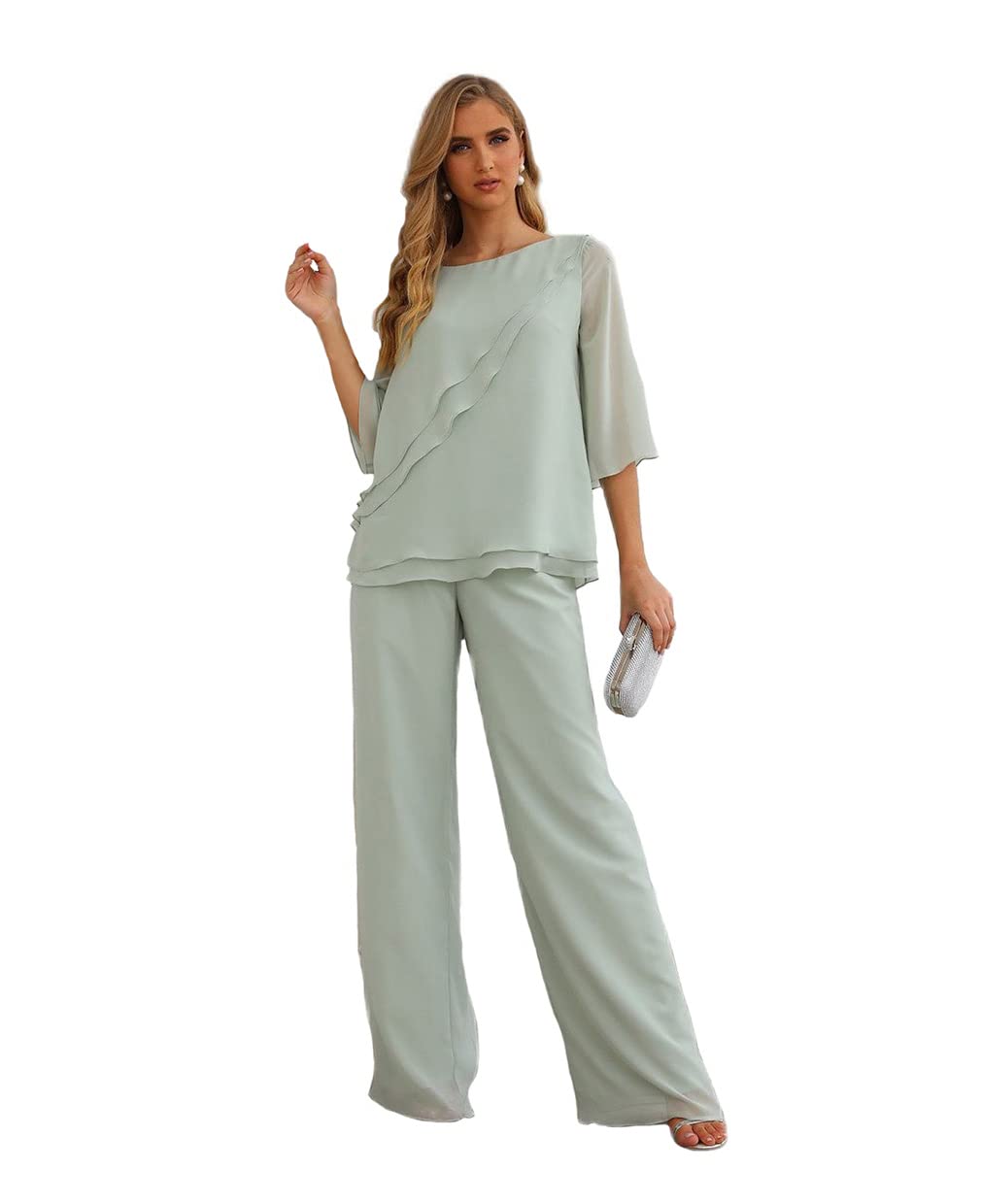 Elegant Women's Chiffon Half Sleeve 2-Piece Pant Suit Set for Mother of The Bride & Wedding Guests | Formal Occasions, Special Events & Evening Parties