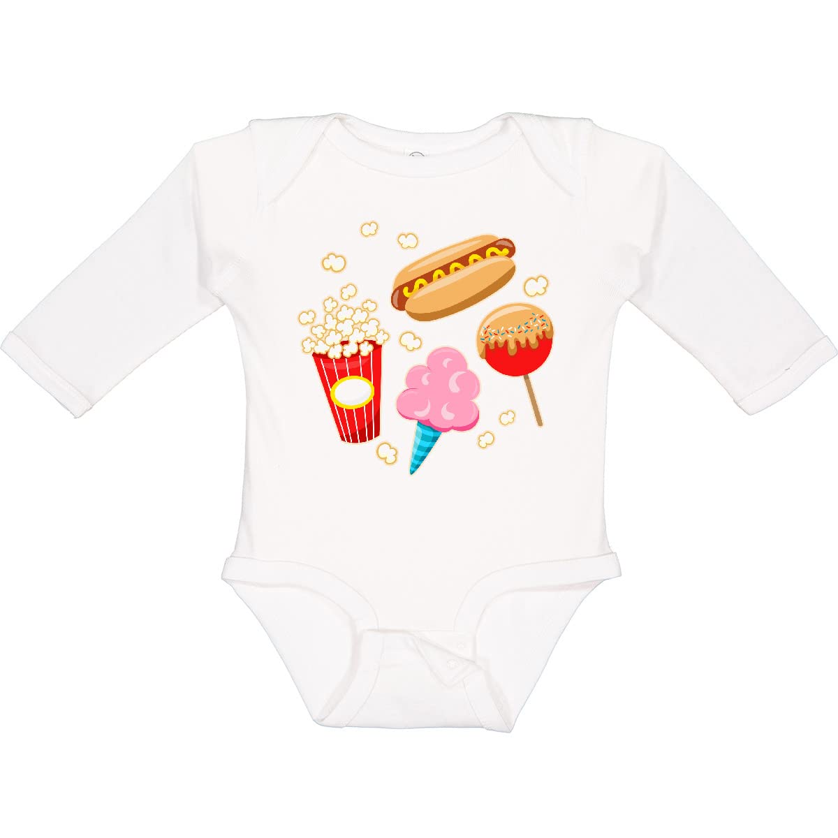 Inktastic Summer Treats - Hot Dog & Popcorn Long Sleeve Baby Creeper | Cute Infant Romper for Beach, Picnic & Summer Outings
