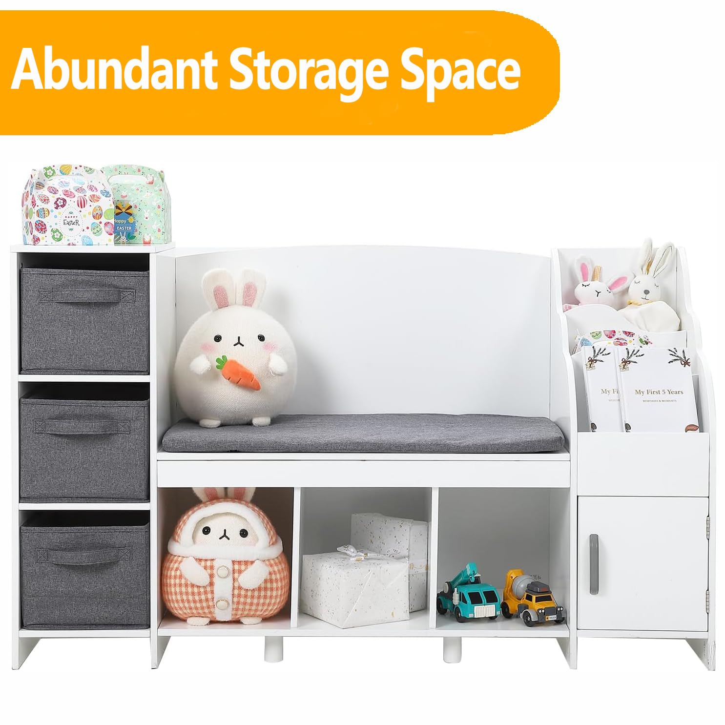 Kids Bookshelf with Reading Nook & Detachable Cushion - Sturdy Book Storage Organizer for Boys and Girls Bedroom, Playroom or Nursery | Perfect for Storytime, Reading Corners & Kids Room Organization