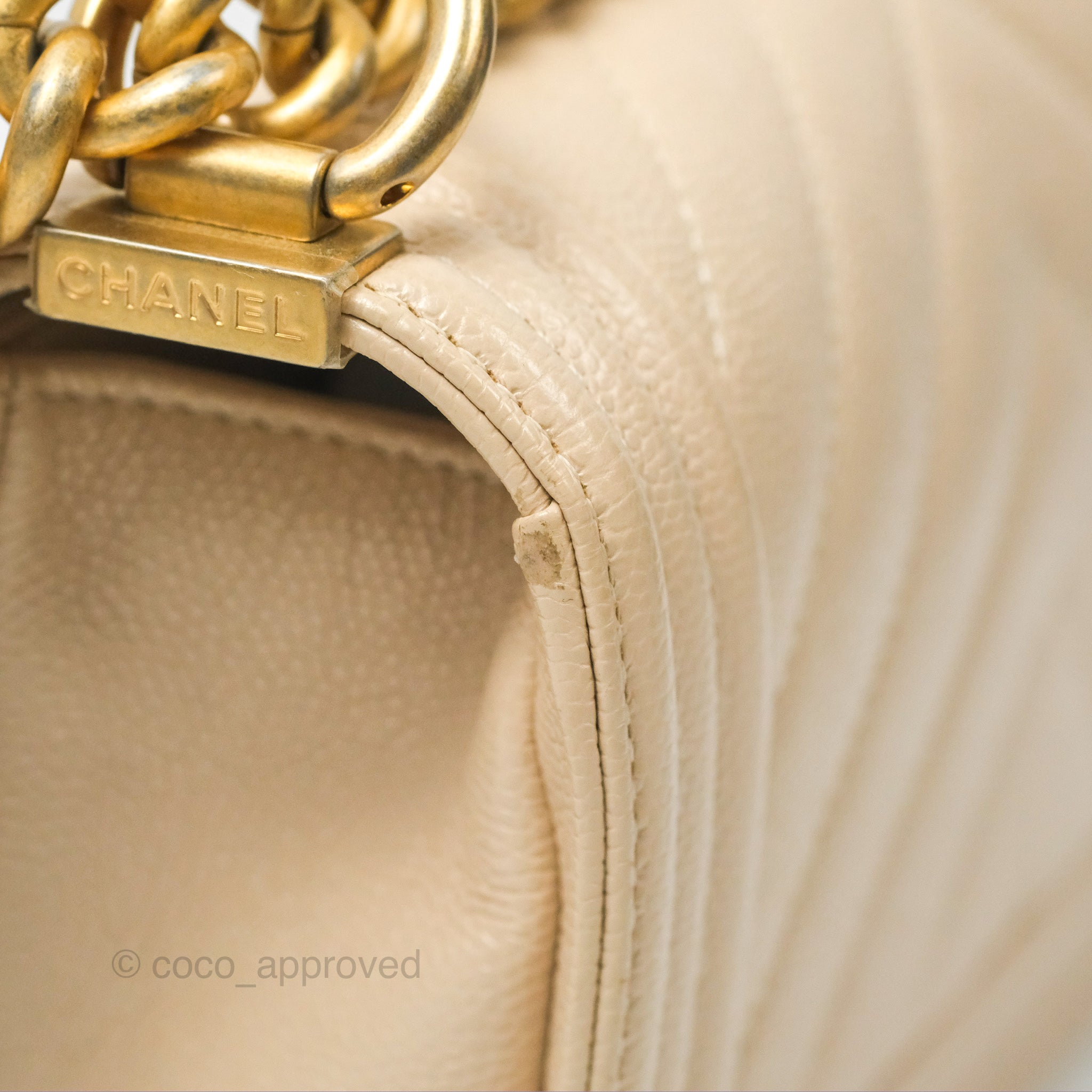 Chanel Chevron Small Boy Bag in Cream Ivory Caviar Leather with Aged Gold Hardware - Perfect for Luxury Fashion & Everyday Elegance
