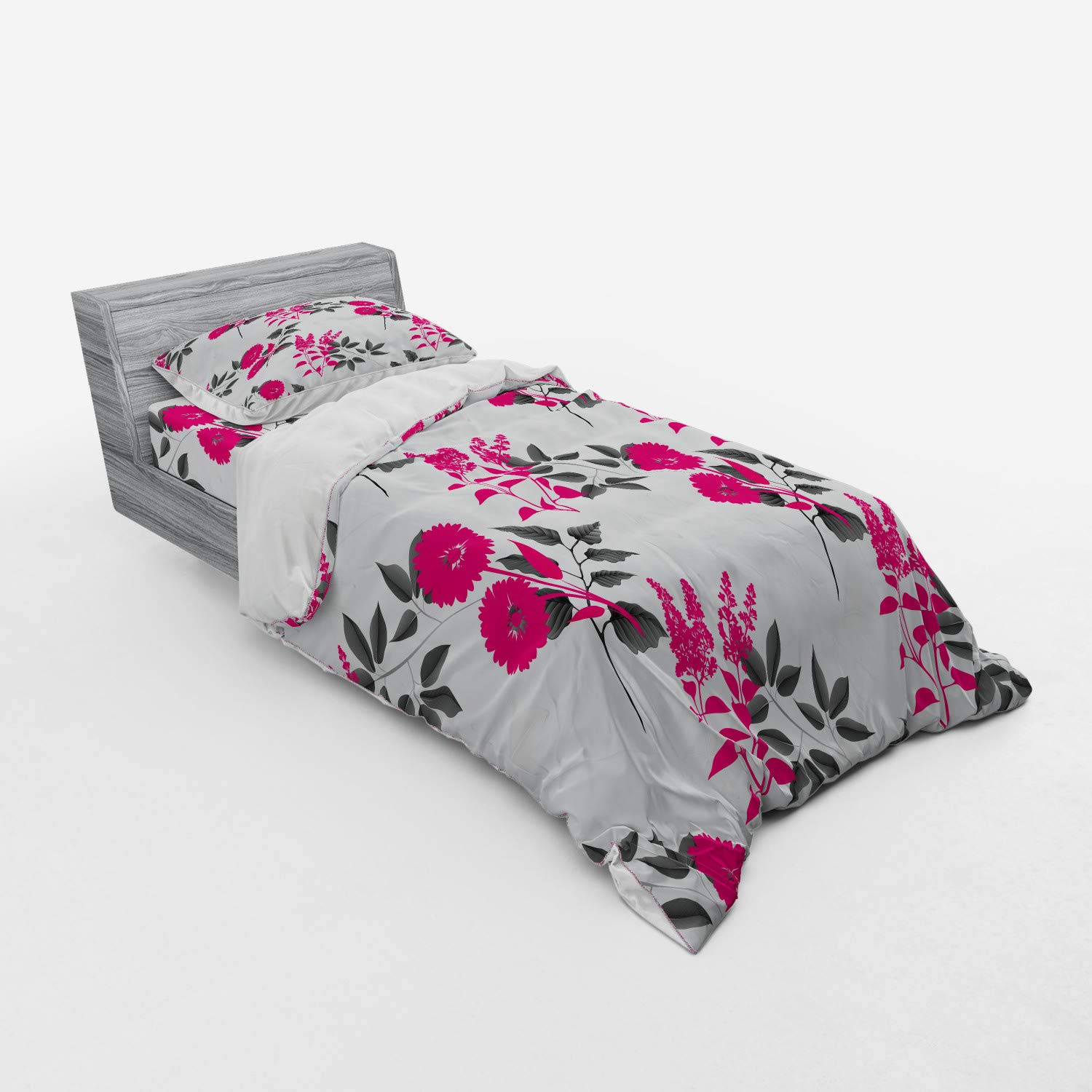 Ambesonne Floral Duvet Cover Set - 3 Piece Twin Size Bedding with Sham & Fitted Sheet | Abstract Flower & Leaf Pattern in Magenta, Dark Grey & White | Perfect for Boho Chic Bedrooms & Guest Room Decor