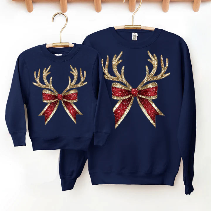 CLR Coquette Christmas Glitter Bow Matching Sweatshirts Navy - Festive Holiday Couple Outfits for Christmas Parties & Family Photos