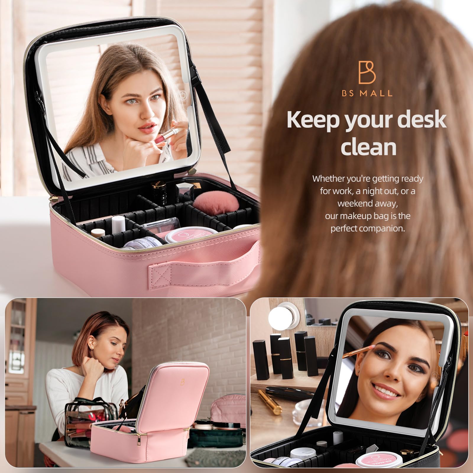 BS-MALL Professional Makeup Brush Holder with LED Mirror - Portable Cosmetic Organizer Bag for Travel, Pink (Ideal for Makeup Artists & On-the-Go Touch Ups)