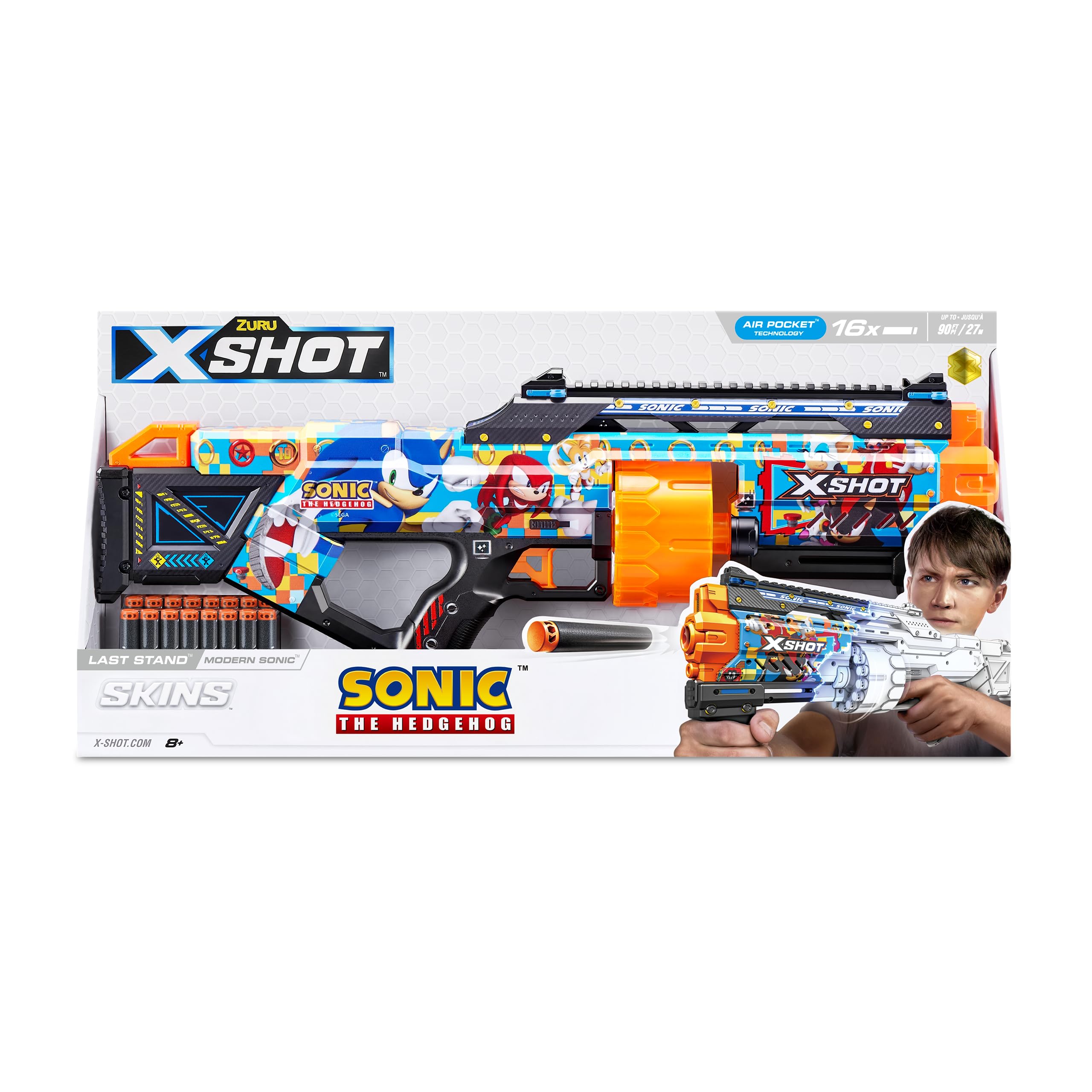 X-Shot Skins Last Stand Blaster - Sonic The Hedgehog Foam Dart Blaster with 16 Darts, Slam Fire Action & Air Pocket Technology | Toy Blaster for Kids, Teens & Adults | Perfect for Nerf Battles, Outdoor Play & Collectible Fun