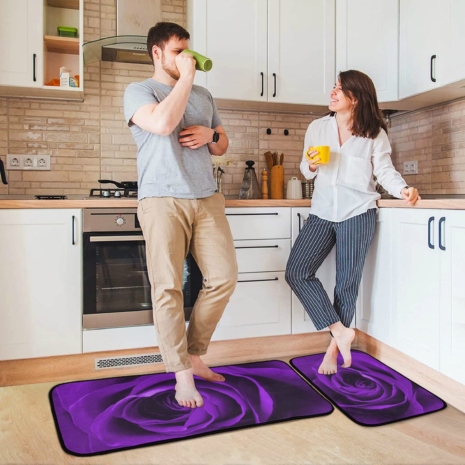 Valentine's Day Purple Rose Non-Slip Kitchen Rugs Set of 2 - Washable Polyester Floor Mats for Kitchen, Laundry, Sink & Office - Soft Standing Mats for Comfort & Style
