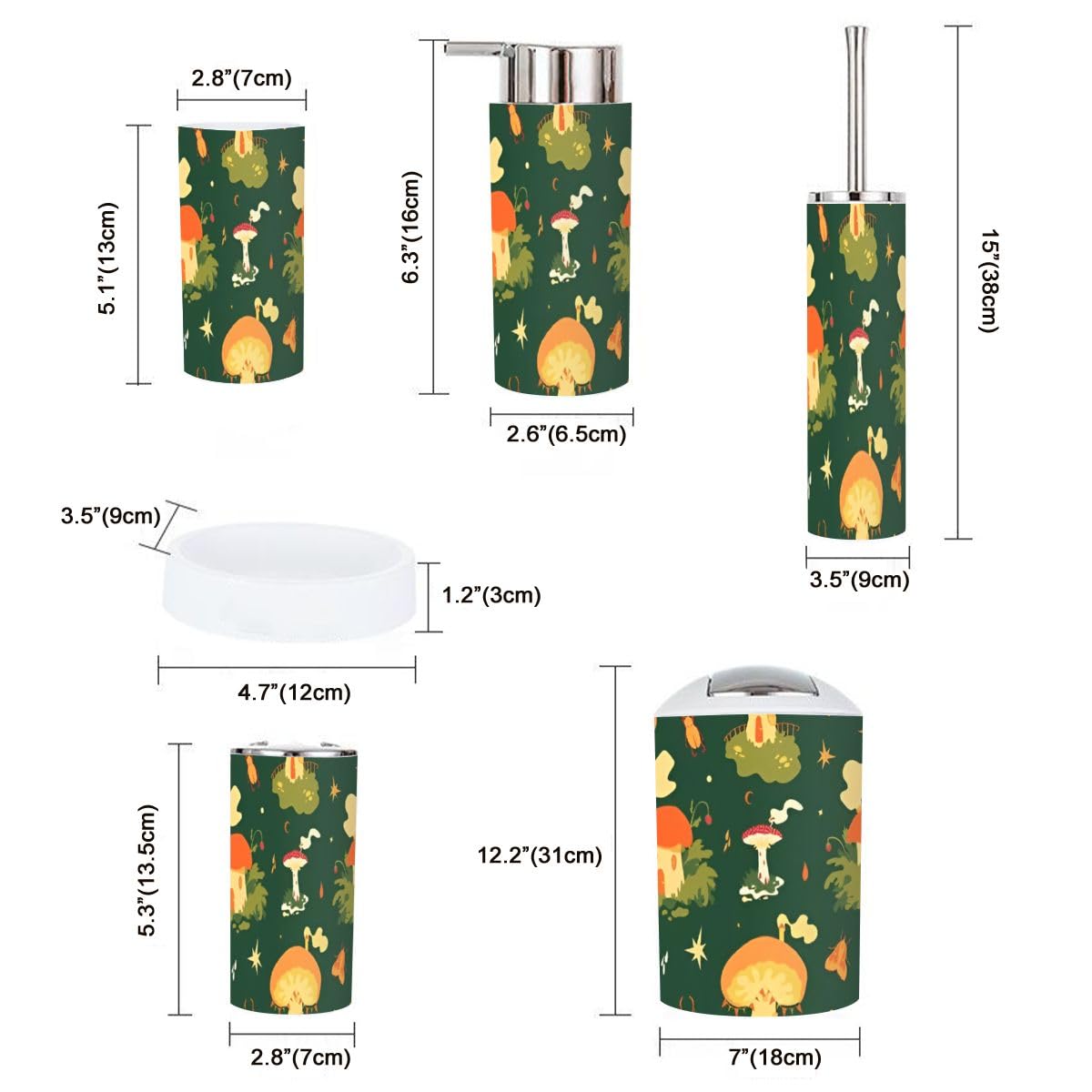 6-Piece Mushroom Fairy Village Bathroom Accessory Set - Toothbrush Holder, Cup, Soap Dispenser, Dish, Toilet Brush & Trash Can - Cute Seamless Mushroom House Decor for Kids & Fantasy Theme Bathrooms