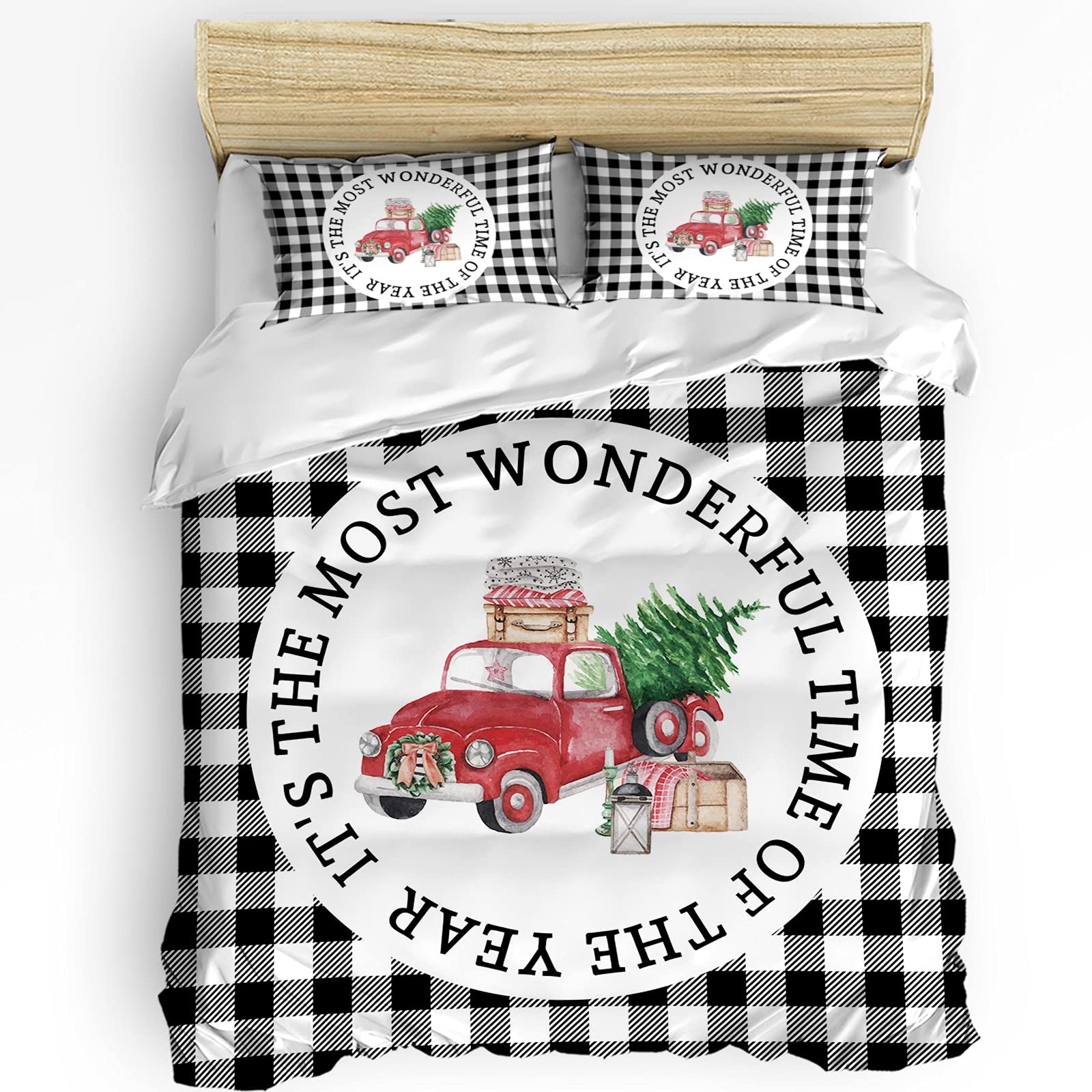 **HELLOWINK 3-Piece Christmas Truck Plaid Duvet Cover Set - Queen Size, Soft Lightweight Comforter Cover with 2 Pillow Shams, Black & White Xmas Tree Check Pattern - Perfect for Holiday Bedroom Decor & Cozy Winter Nights**