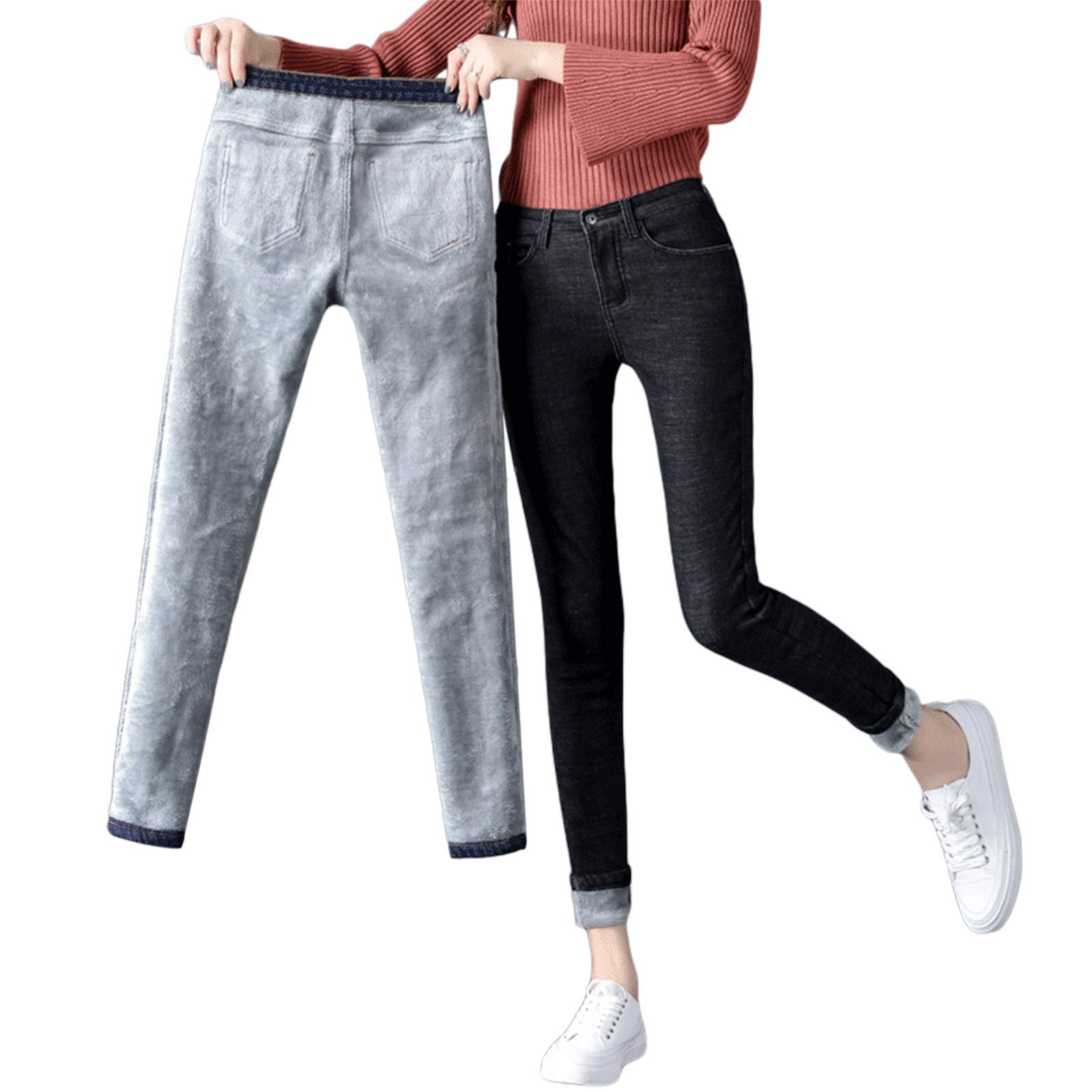 Women's Fleece Lined Skinny Jeans - High Waist Winter Denim Pants with Flannel Lining | Warm Stretch Jeggings for Cold Weather, Outdoor Activities & Casual Wear