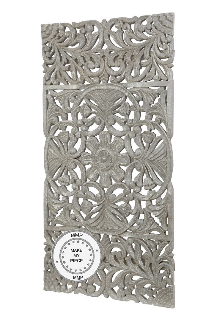 Hand Carved Indian Solid Wood Oriental Carved Panel - Gray - Decorative Wall Art for Living Room, Bedroom & Office Decor