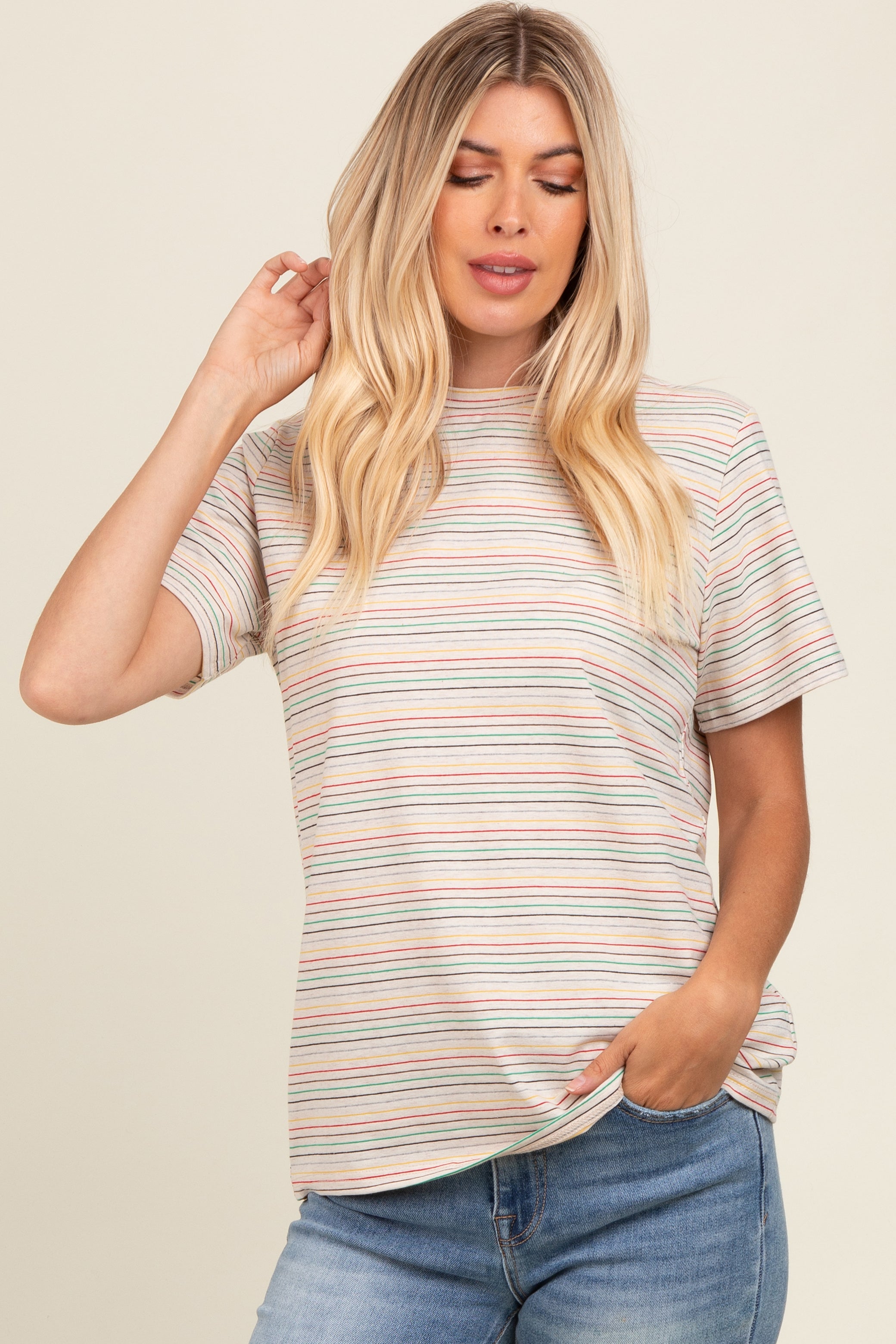 Stylish Beige Short Sleeve Striped Women's T-Shirt - Casual Summer Top for Beach, Travel & Everyday Wear