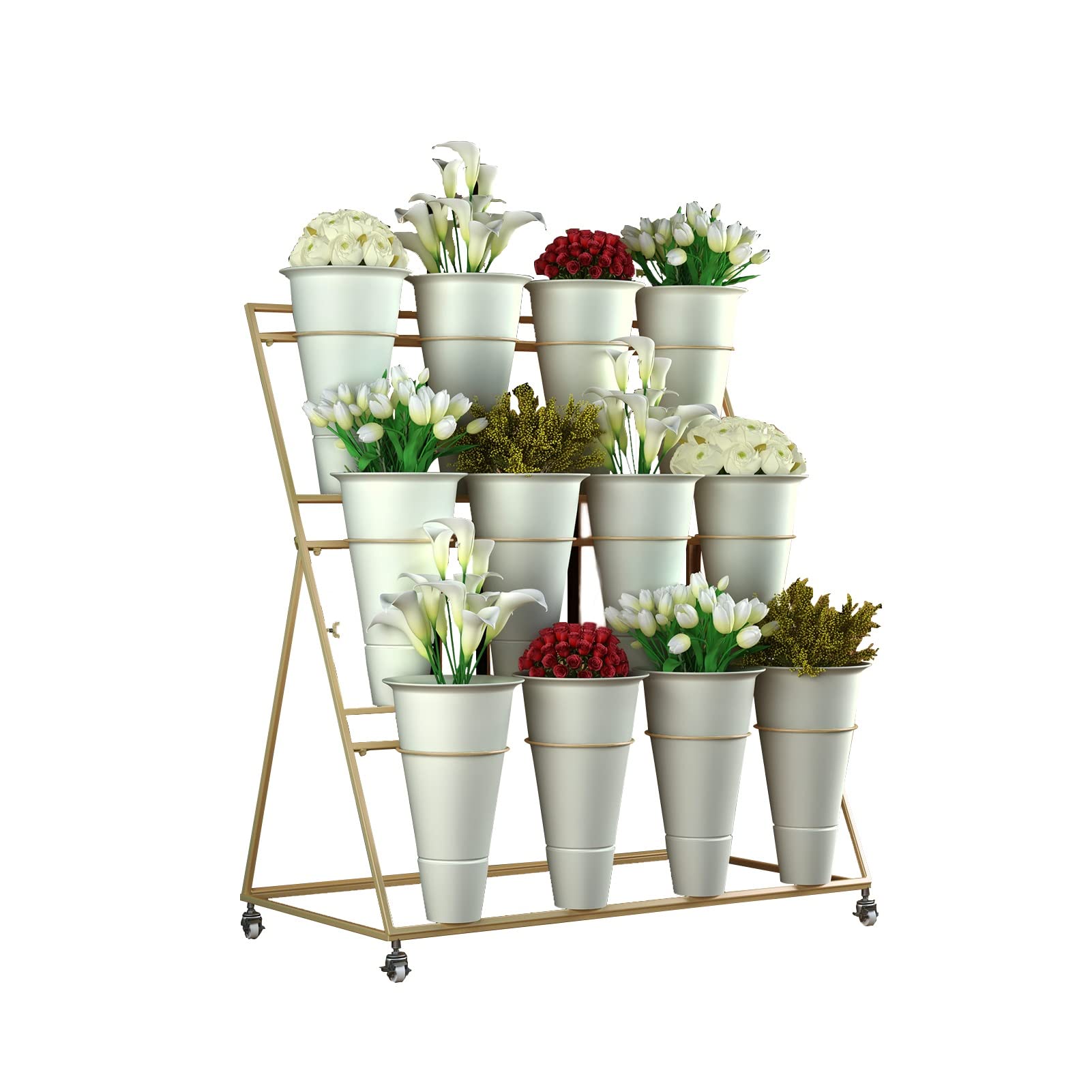3-Tier Wrought Iron Flower Bucket Stand with Wheels - 12 Buckets, 100x50x110cm - Portable Plant Display Shelf for Flower Shops, Nurseries & Home Decor