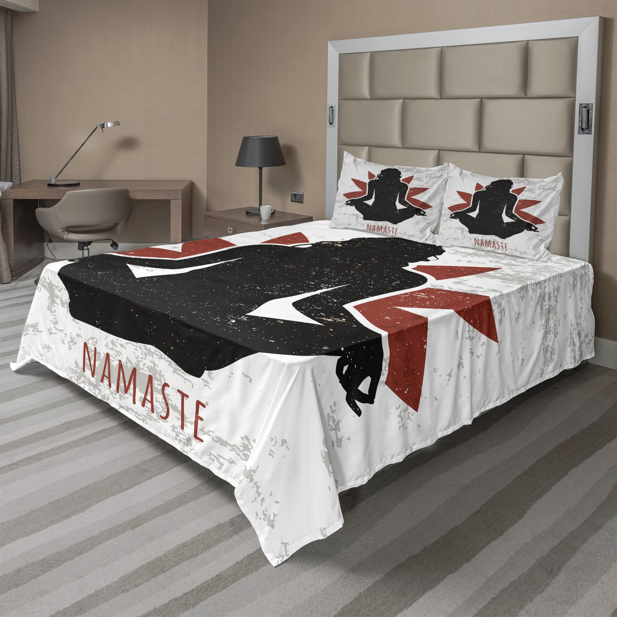 Ambesonne 4-Piece Yoga Sheet Set - King Size Fitted & Flat Sheet with Pillowcases, Orange Black White Lotus Pose Design | Perfect for Meditation Rooms, Yoga Studios & Boho Bedroom Decor