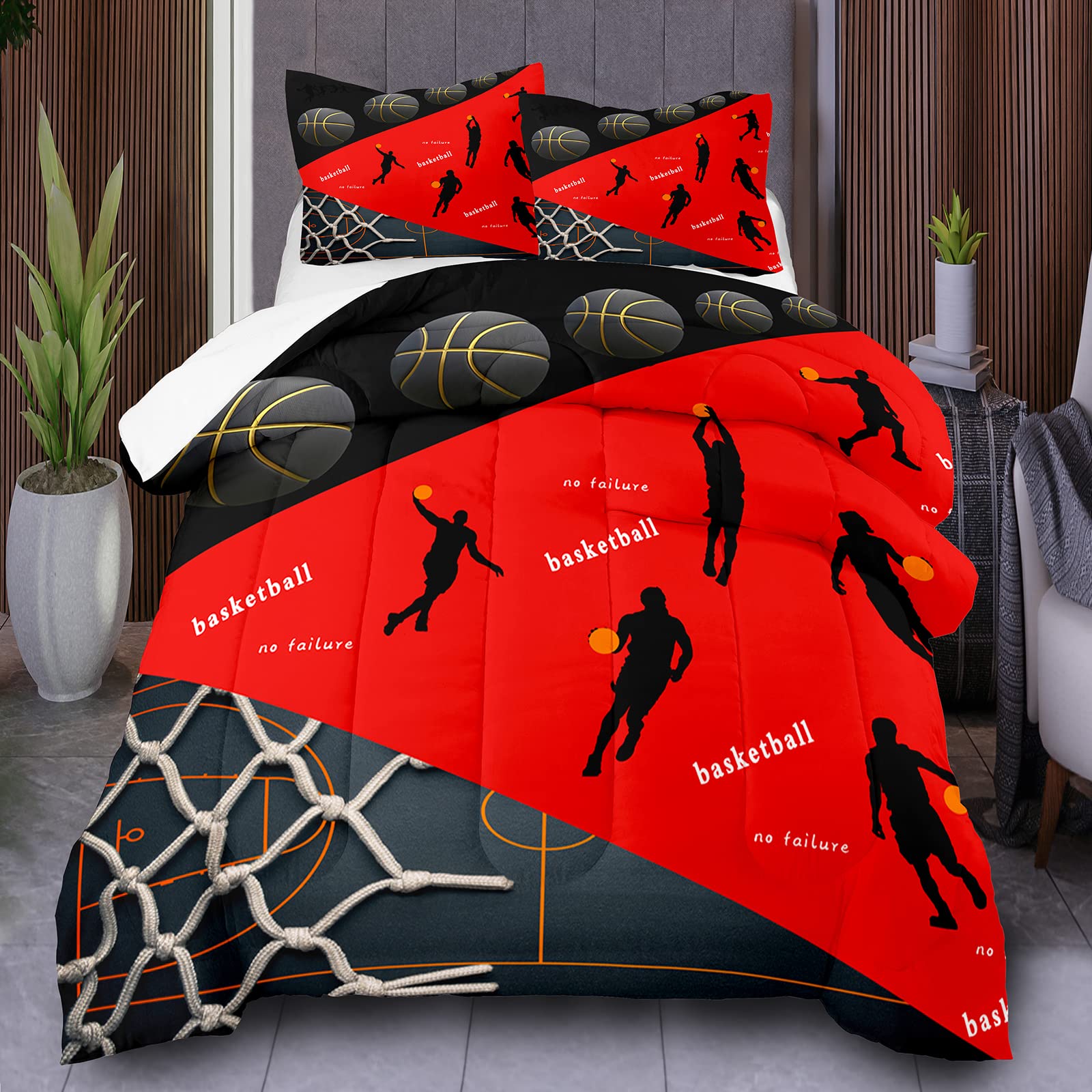 MWMWMW Red and Black Basketball Comforter Set Full Size - Soft Microfiber Sports Bedding for Teen Boys & Kids (1 Comforter + 2 Pillowcases) - Perfect for Boys' Bedroom, Dorm Room Decor, Sports Fan Gift, Game Day Party, and Basketball Themed Sleepovers | Ideal for NBA Fans, Youth Basketball Players, and Sports-Themed Bedroom Decor