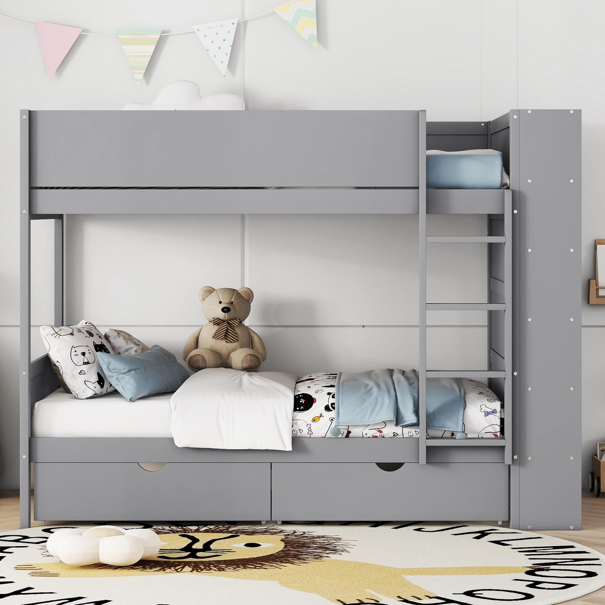 P PURLOVE Twin Over Twin Wooden Bunk Bed with 2 Drawers & Multi-Layer Storage Cabinet - Space-Saving Kids Bunk Bed Frame for Bedrooms, Dorms, and Small Spaces