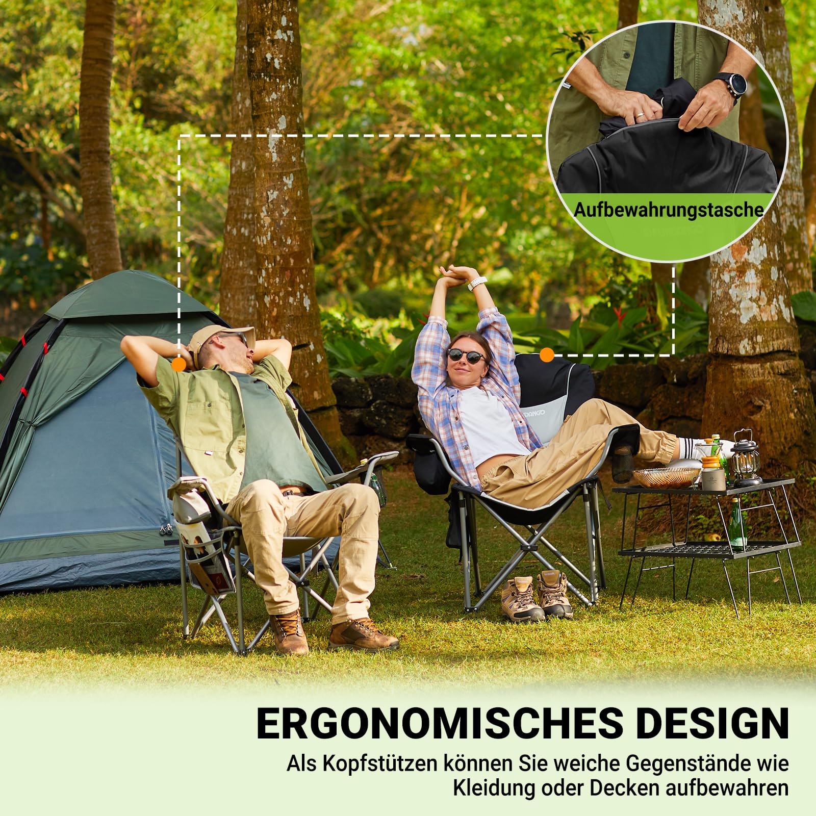 FUNDANGO Folding Camping Chair with Padded Seat, Cup Holder & Cooler Bag - Adjustable High Back Recliner for Outdoor, Fishing, Garden, Picnic & Beach Use