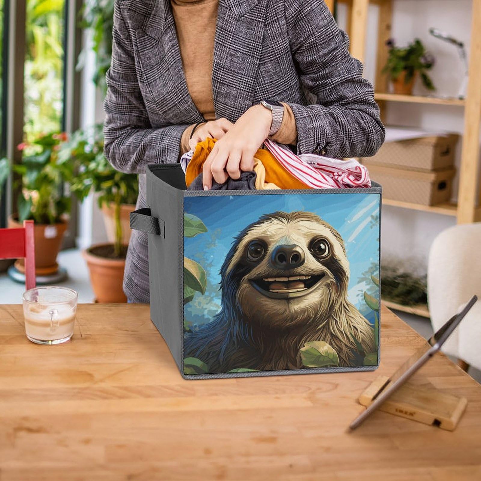 6PCS Collapsible Storage Bins with Handles - Funny Sloth Printed Organizers for Shelves & Home