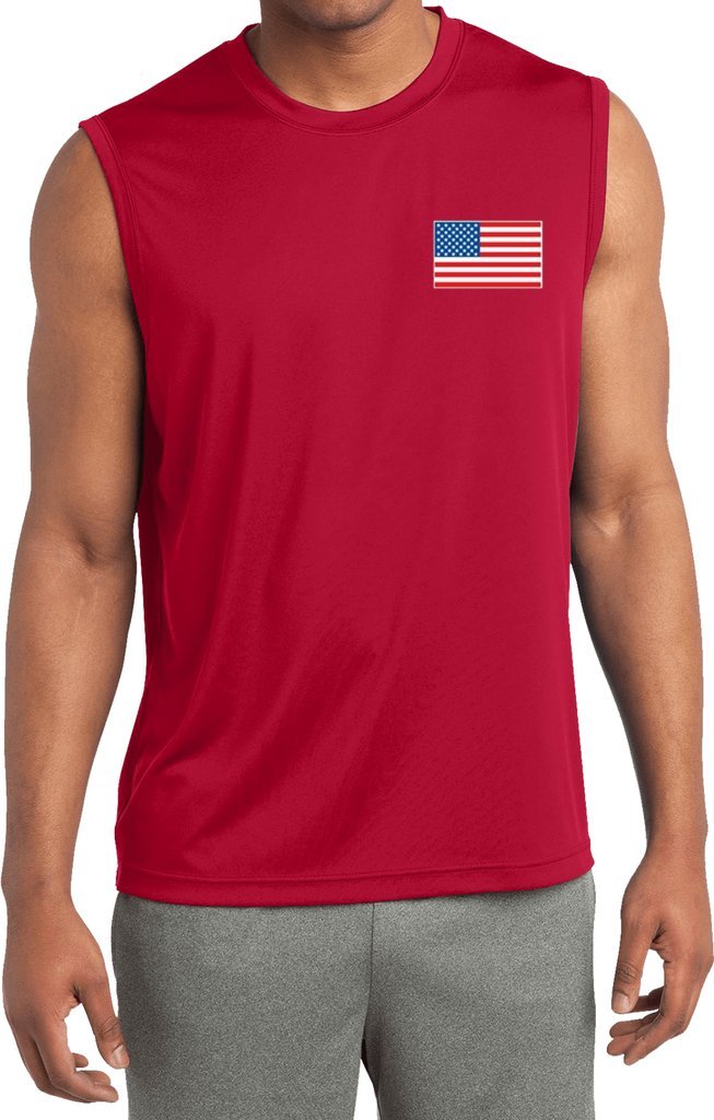 US Flag Print Men's Moisture Wicking Sleeveless Shirt with Pocket - Cool Athletic Workout Top for Gym, Running & Outdoor Activities