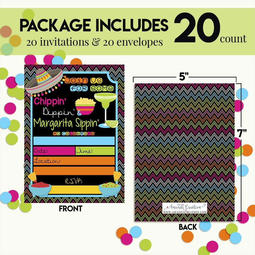 AmandaCreation 20-Pack 5x7 Birthday Party Invitations with White Envelopes - Chips Dips & Margarita Themed Fill-in Cards for Adult Celebrations, Girls Night Out, and Cocktail Parties